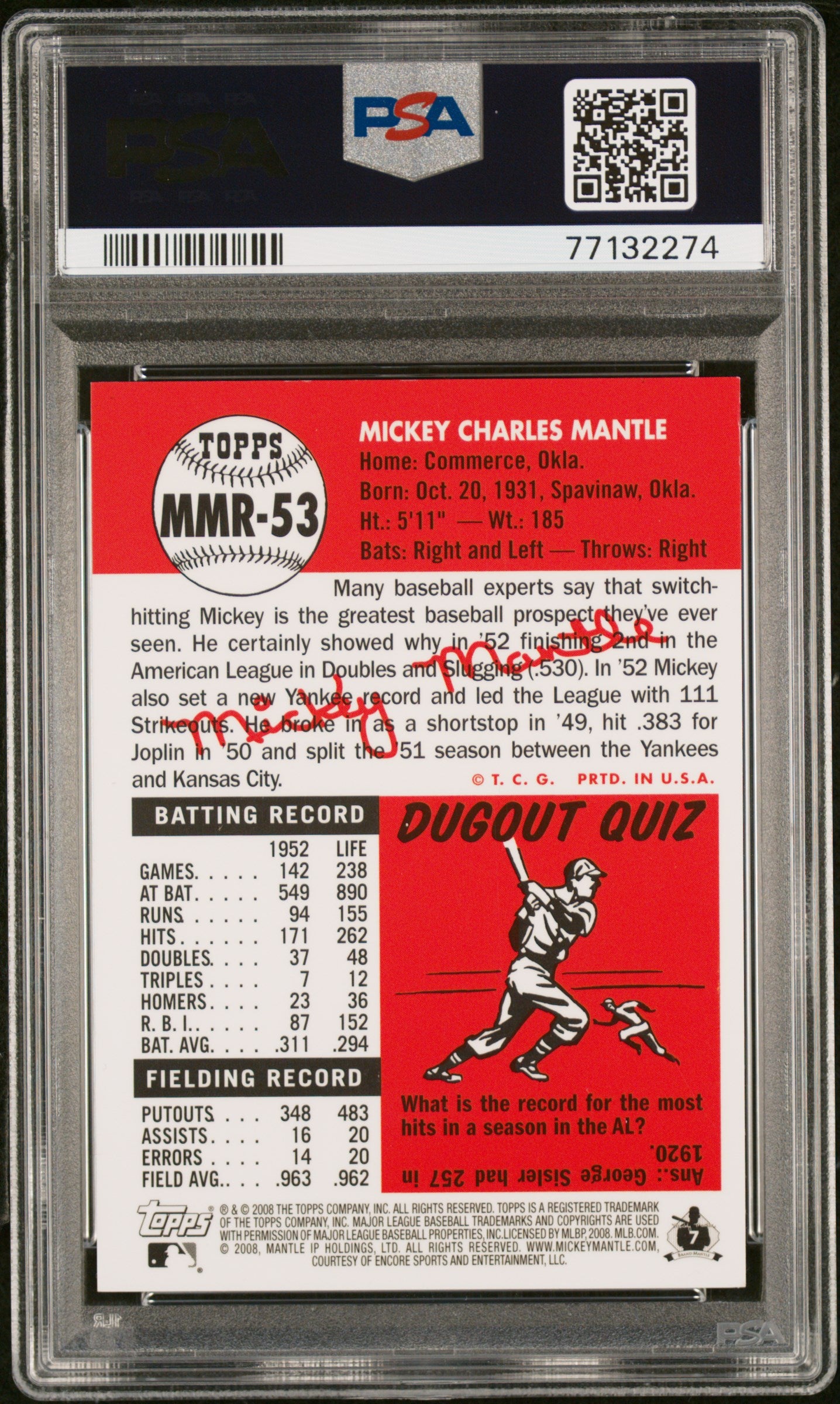 2008 Topps #MMR53 Mickey Mantle Reprint-Gold Ref. PSA 8
