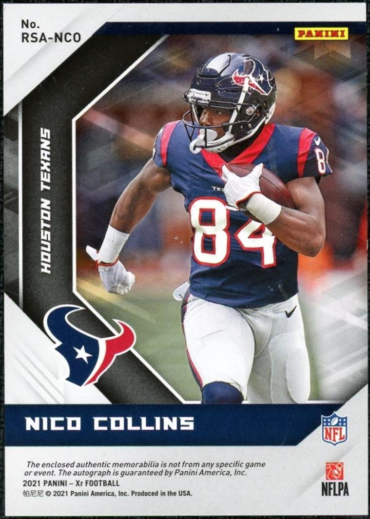 2021 Panini XR #RSA-NCO Nico Collins Blue Rookie Patch Auto /49