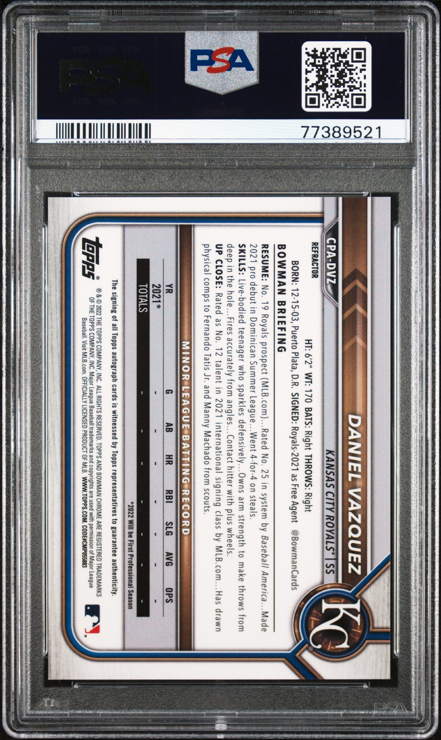 2022 Bowman Chrome Refractor Daniel Vazquez #CPA-DVZ Auto /499 PSA 10