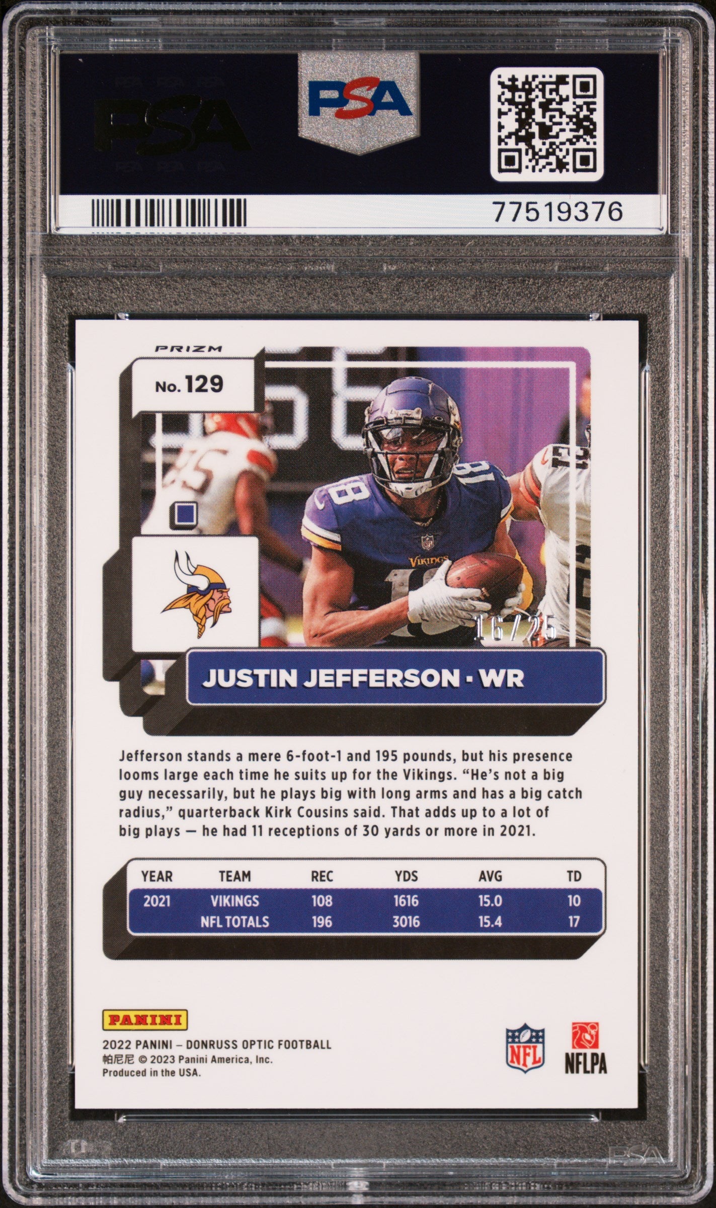 2022 Panini Donruss Optic Black Pandora Justin Jefferson #129 /25 PSA 9