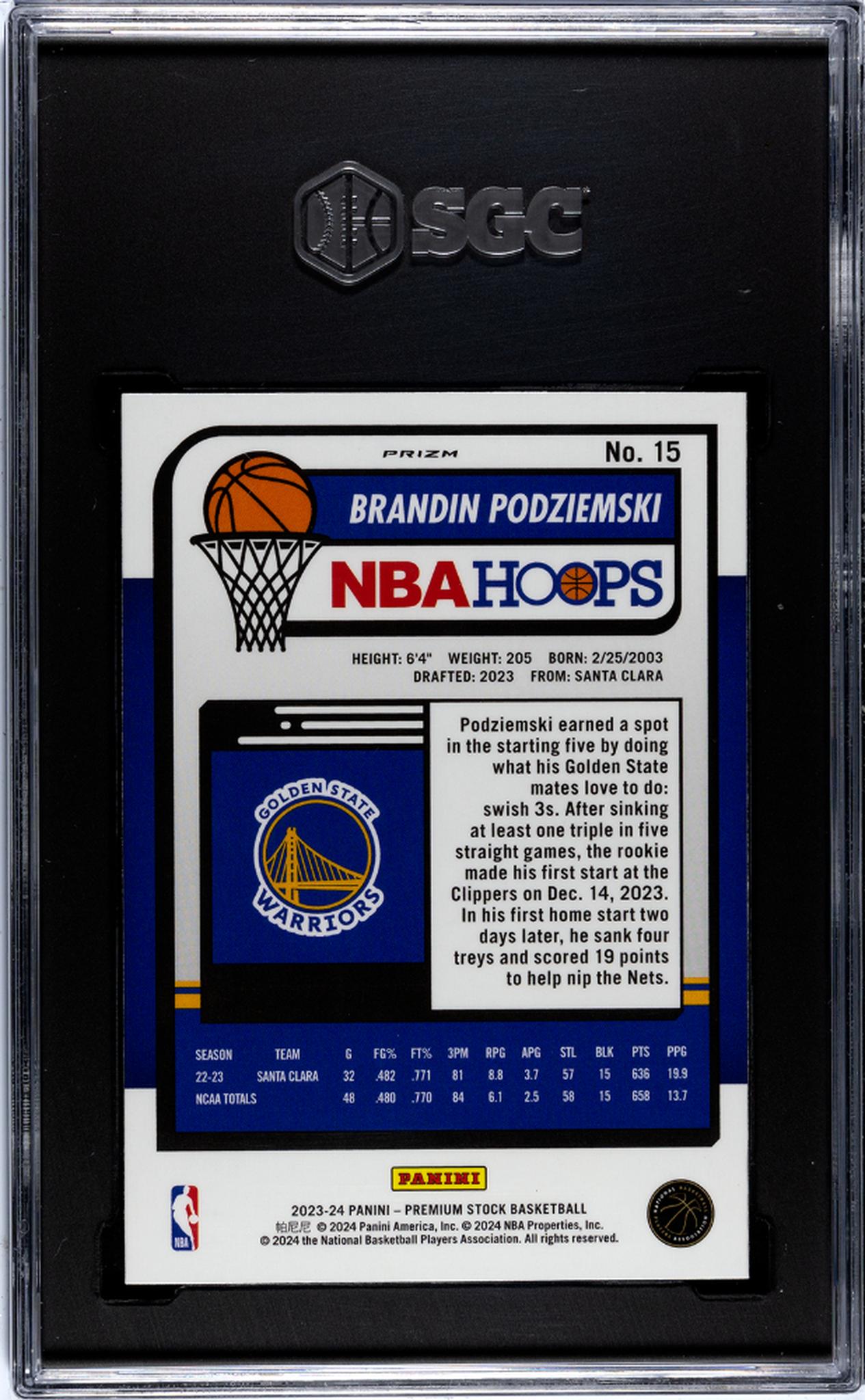 2023 Panini Hoops Pr. Stock Silver Prizm Brandin Podziemski #15 RC SGC 9.5