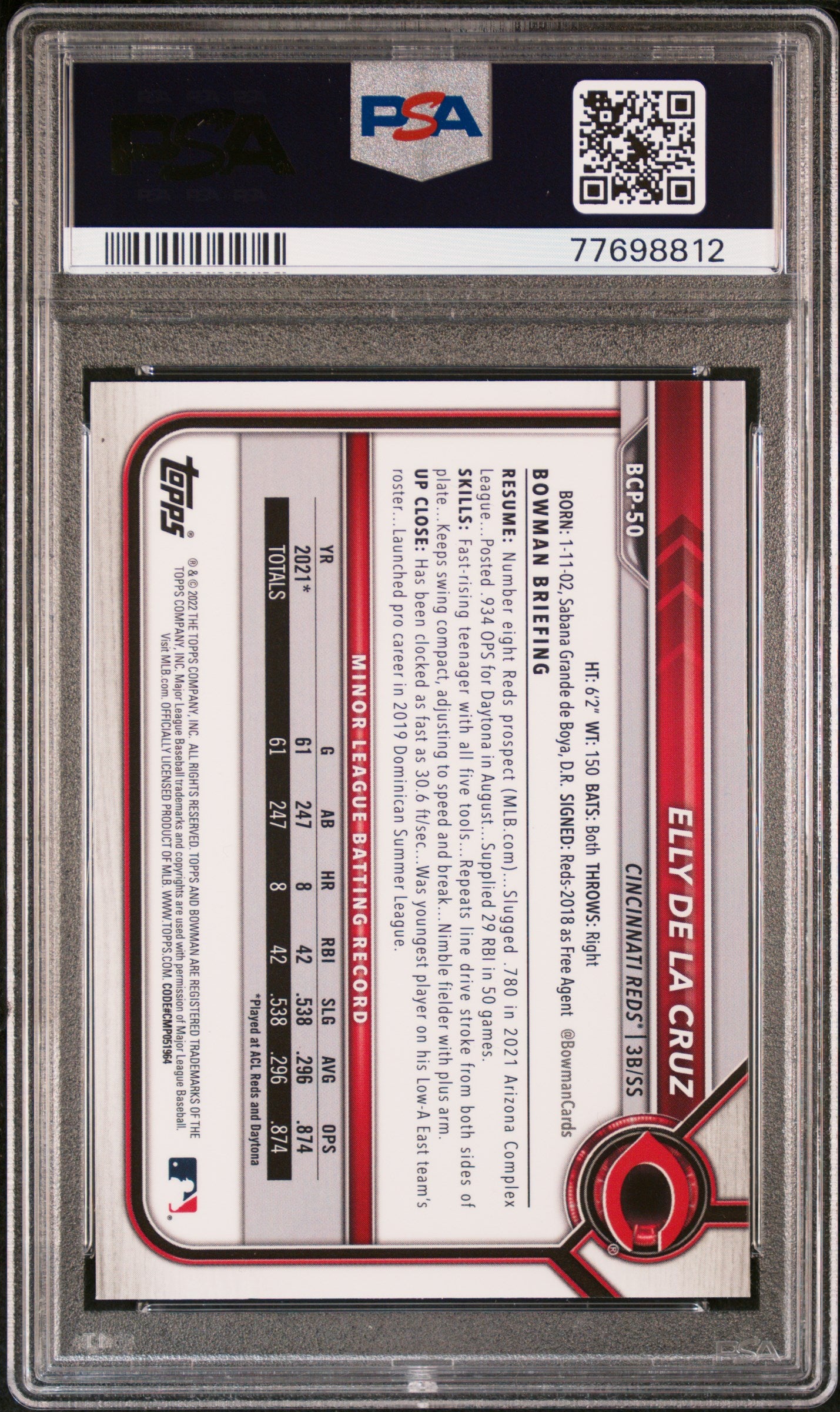 2022 Bowman Sapphire Edition Chrome Prospects Elly De La Cruz #BCP50 PSA 10