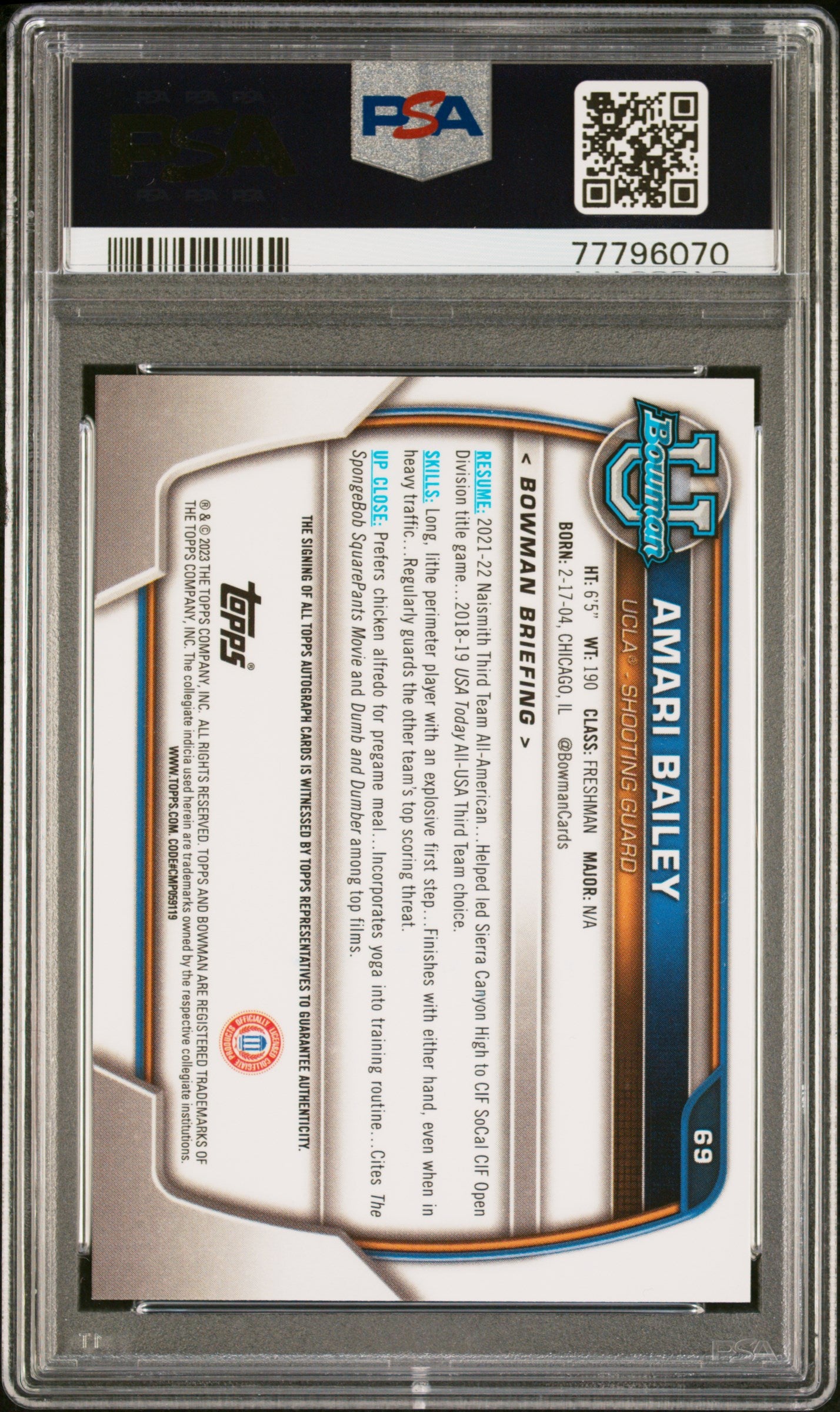 2022 Bowman 69 Amari Bailey Prospect Autographs PSA 9 Mint UCLA