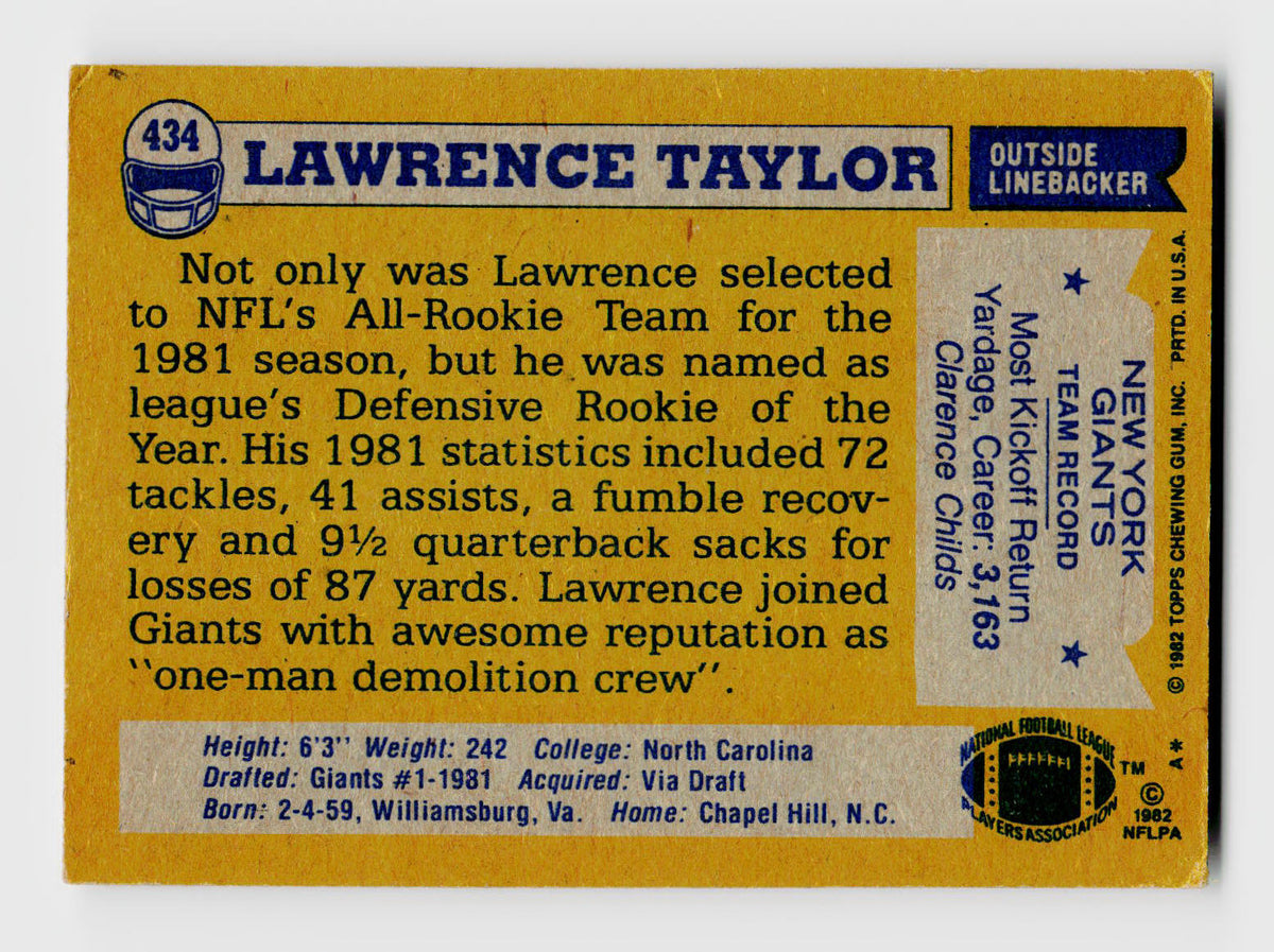 1982 Topps #434 Lawrence Taylor Rookie RC New York Giants