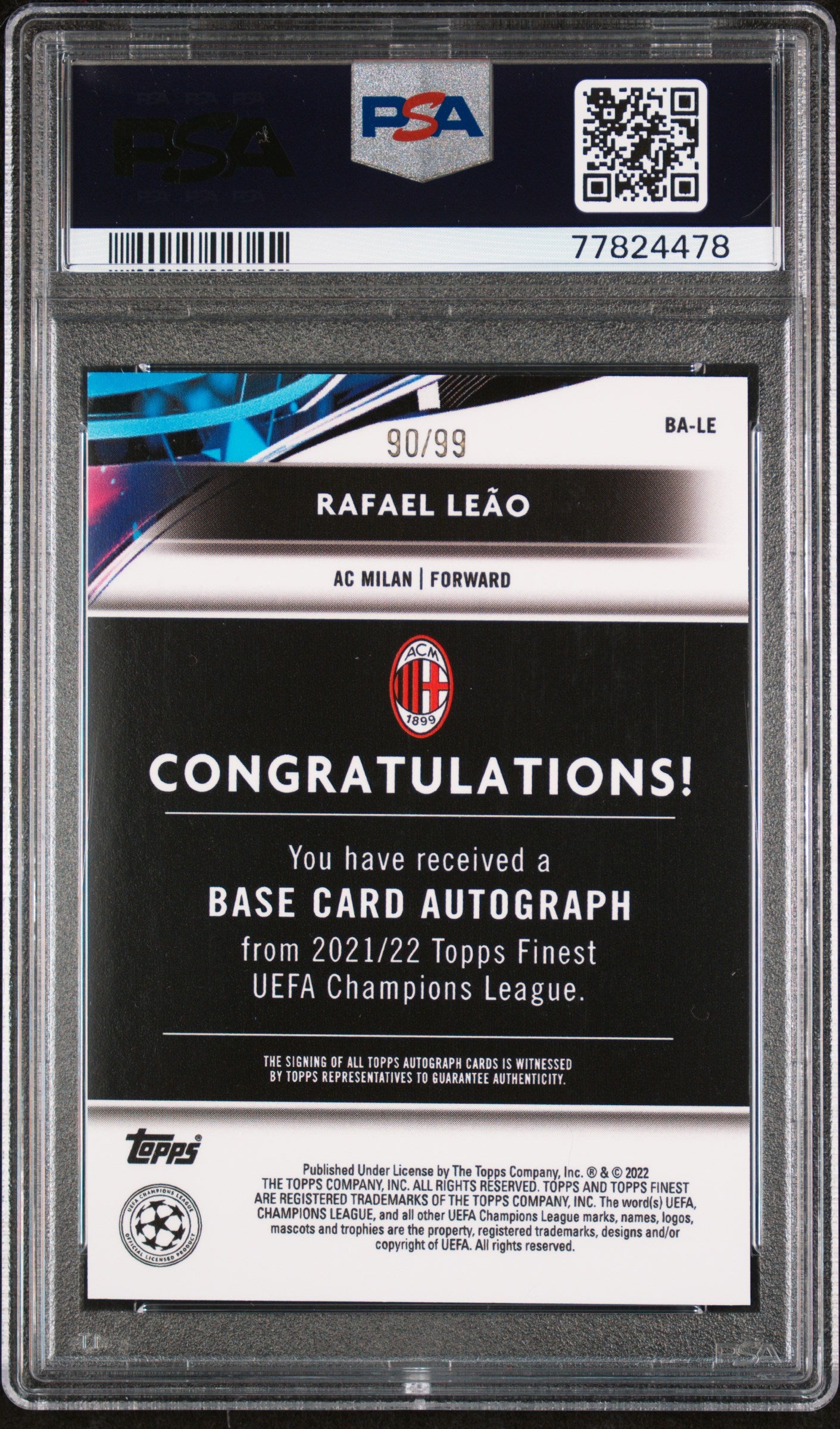 2021 Topps Finest UEFA Champions League Autographs Neon Green Refractor Rafael Leao #BALE /99 PSA 9