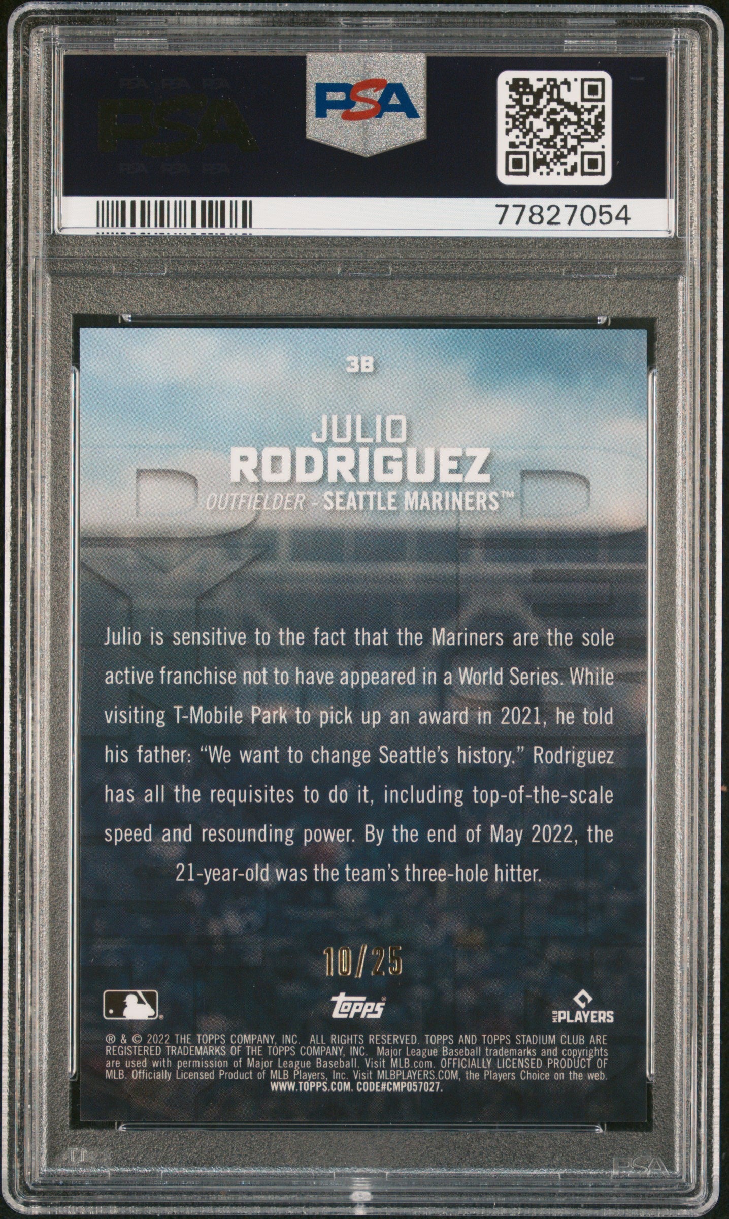 2022 Topps Stadium Club Chrome Dynasty and Destiny #3B Julio Rodriguez Orange Refractor PSA 10