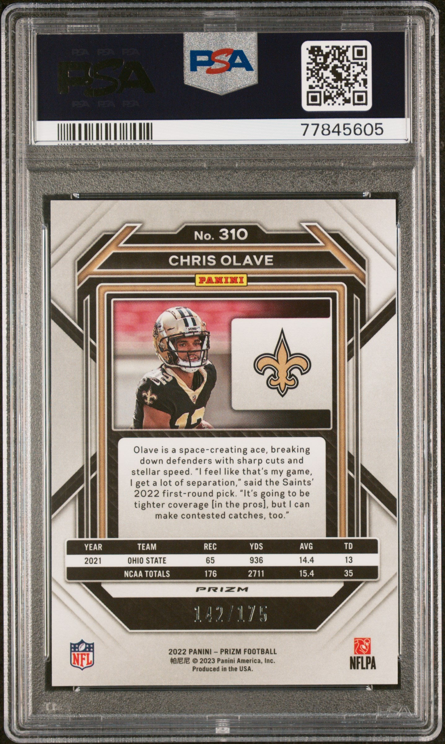 2022 Panini Prizm Rookie Hyper /175 #310 Chris Olave PSA 9