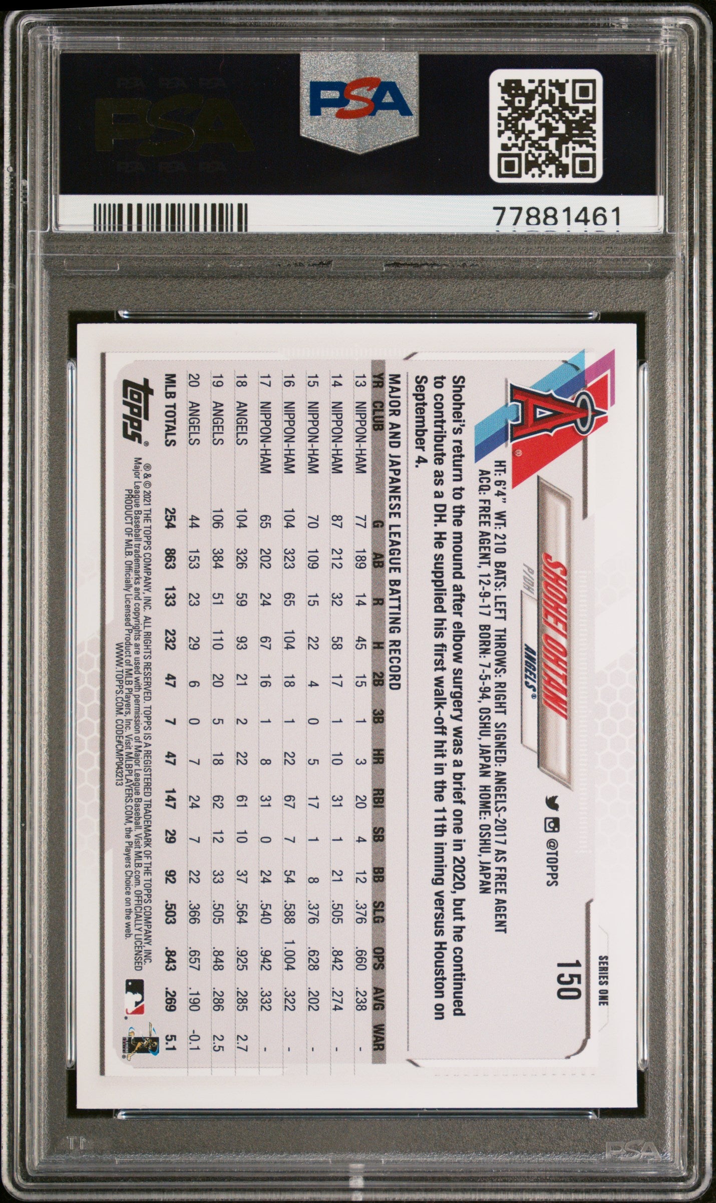 2021 Topps Series 1 Shohei Ohtani #150 PSA 9