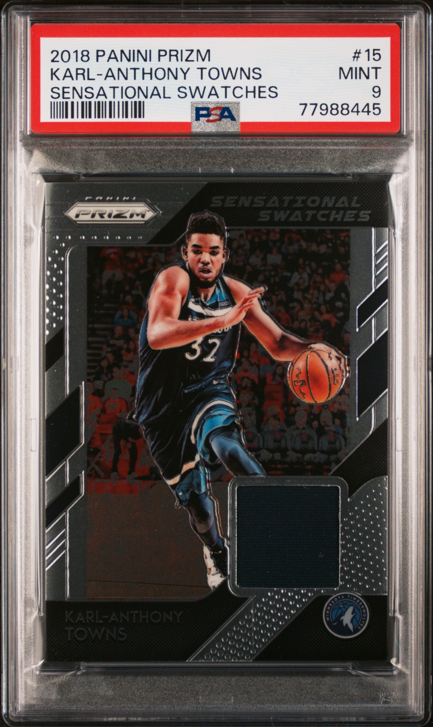 2018 Panini Prizm Sensational Swatches Karl-Anthony Towns #15 Jersey PSA 9