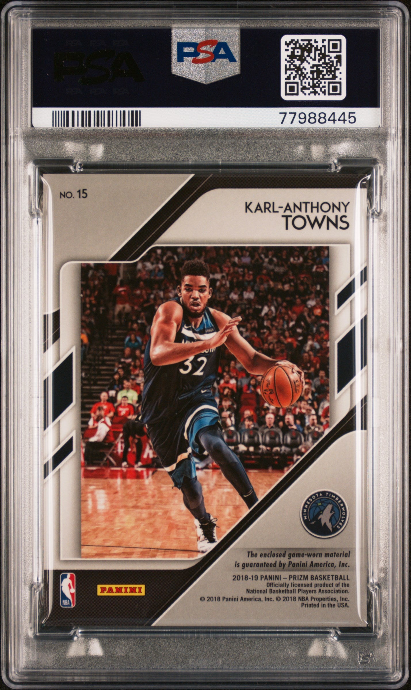2018 Panini Prizm Sensational Swatches Karl-Anthony Towns #15 Jersey PSA 9