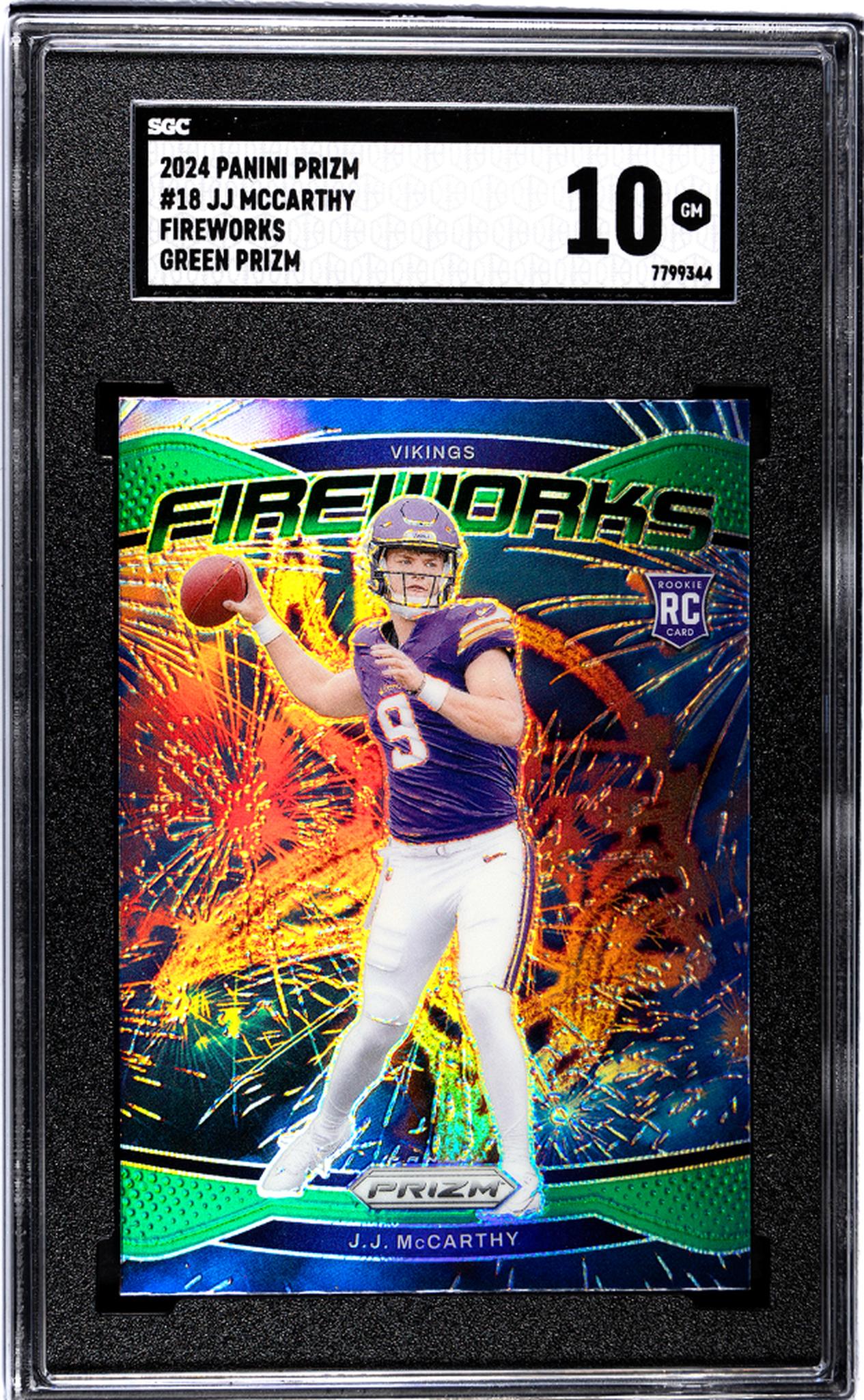 2024 Panini Prizm #18 Jj Mccarthy Fireworks Green Prizm SGC 10