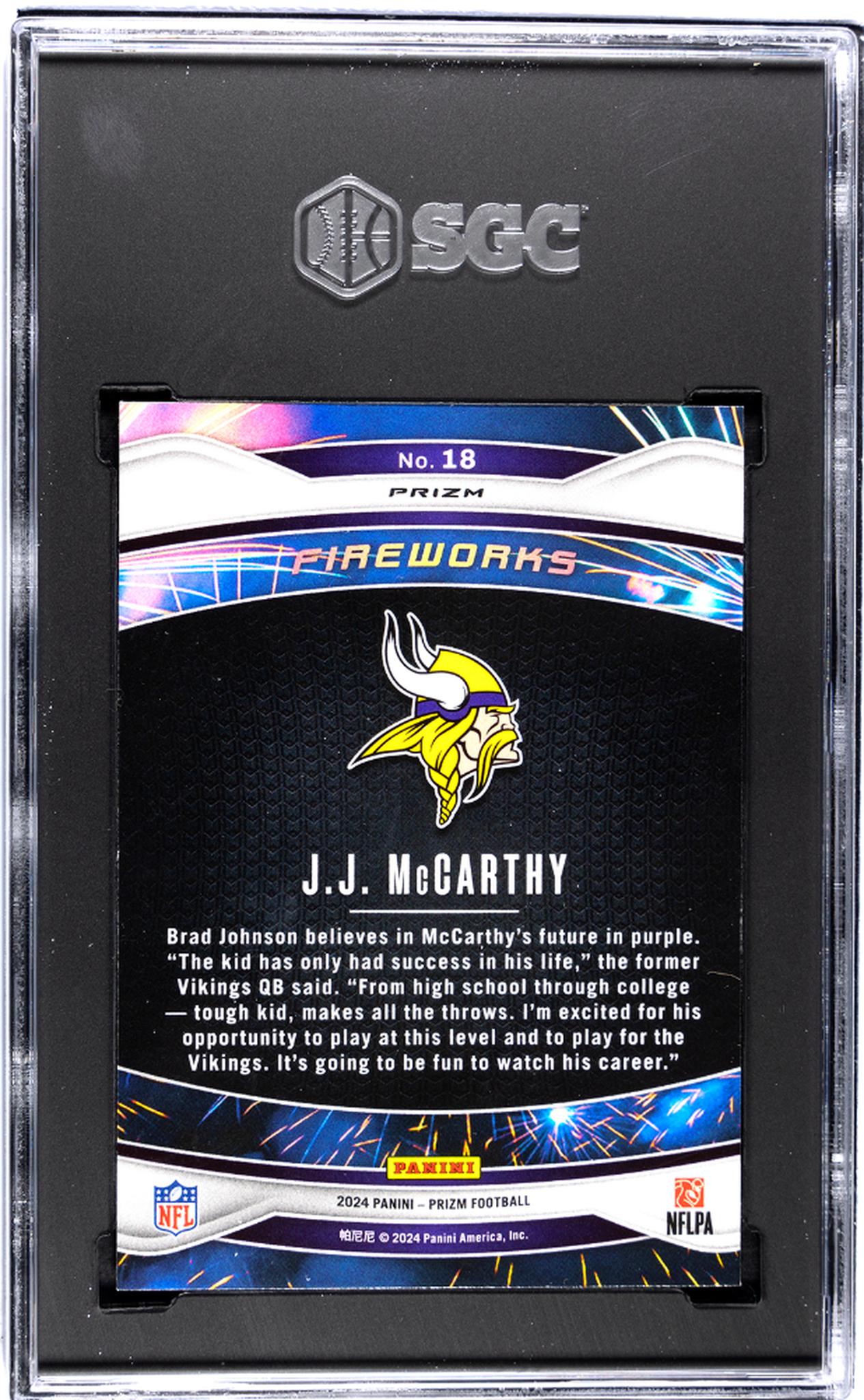 2024 Panini Prizm #18 Jj Mccarthy Fireworks Green Prizm SGC 10