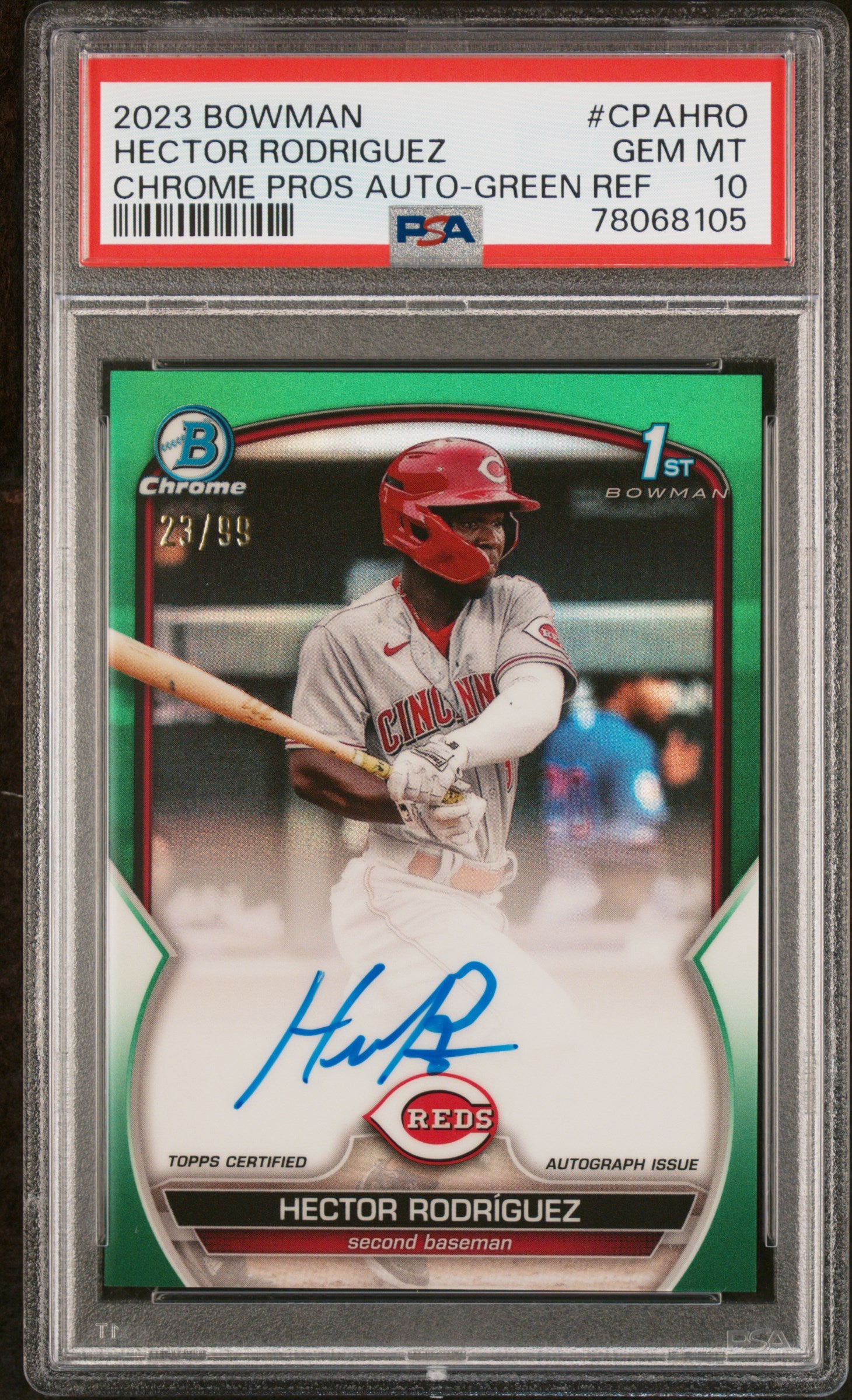 2023 Bowman Chrome Prospect Autographs Green Refractors Hector Rodriguez #CPAHRO /99 PSA 10