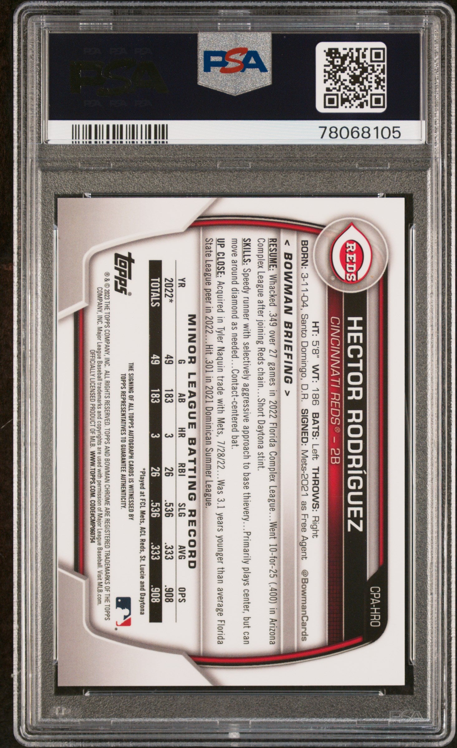 2023 Bowman Chrome Prospect Autographs Green Refractors Hector Rodriguez #CPAHRO /99 PSA 10