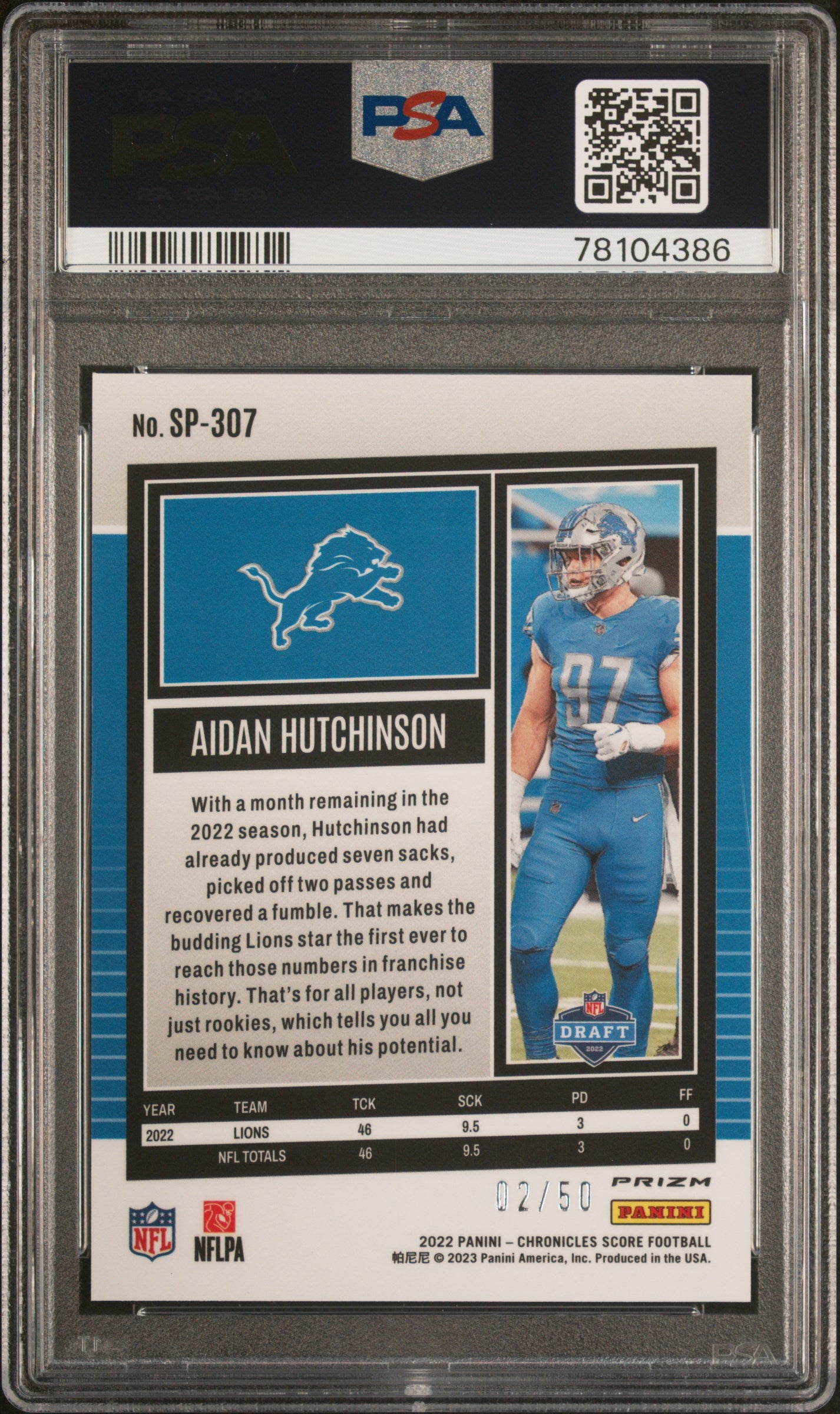 2022 Chronicles #SP307 Aidan Hutchinson SP Rookie Update-Gold Zone /50 PSA 9