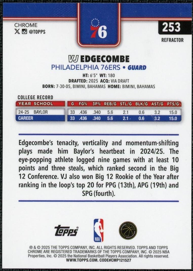 2025 Topps Chrome 253 VJ Edgecombe Refractor