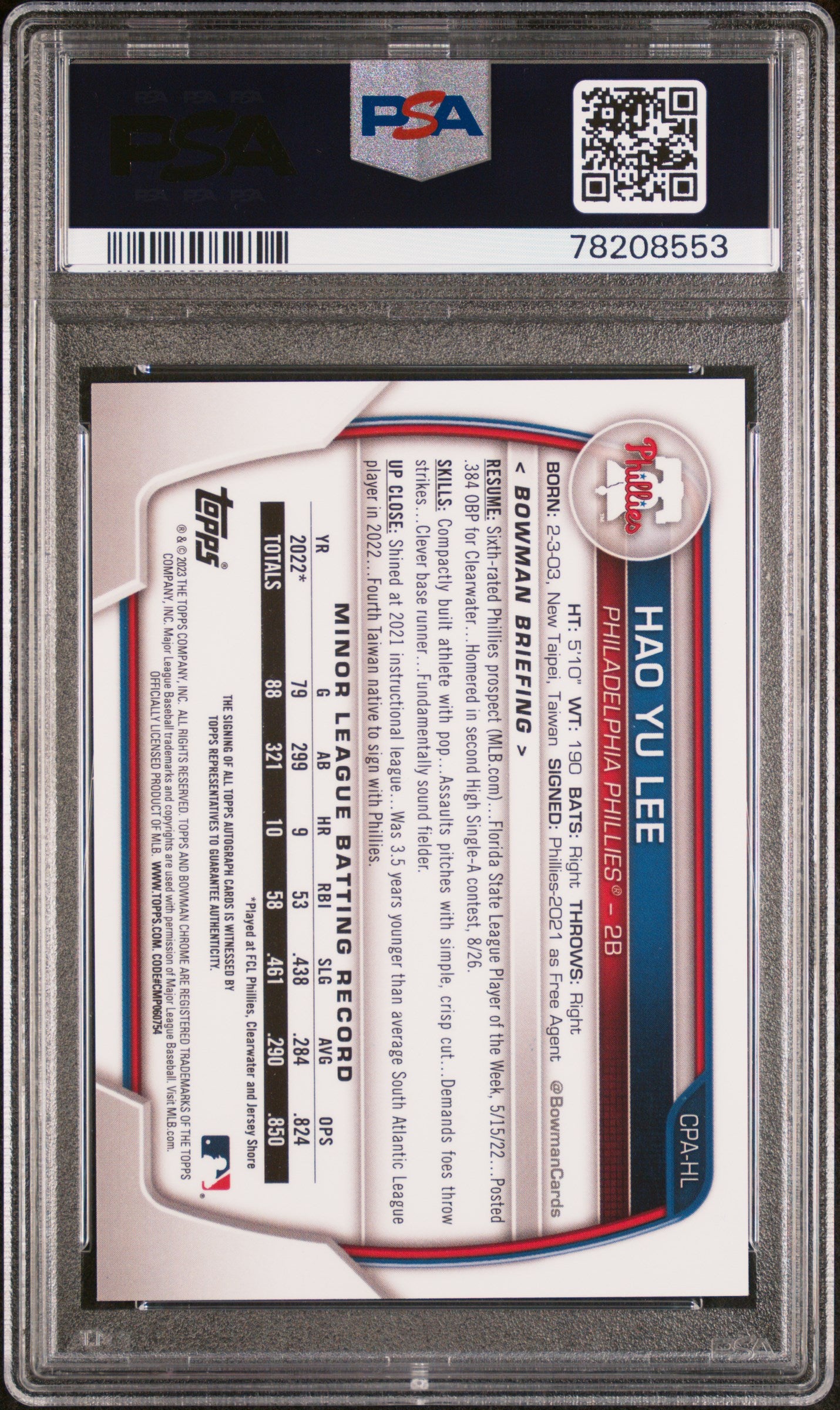 2023 Bowman #CPAH-LL Hao Yu Lee Chrome Prospects Autographs /99 Auto PSA 10