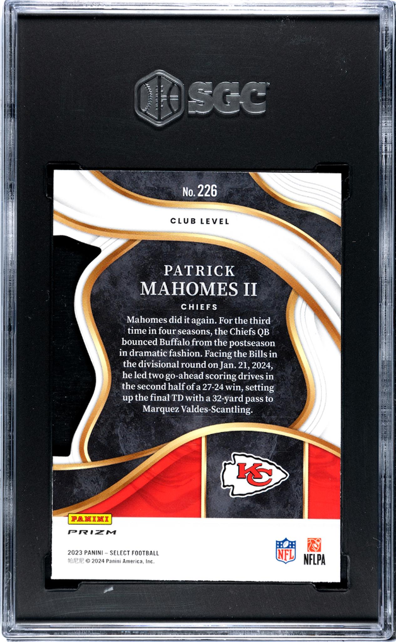 2023 Panini Select #226 Patrick Mahomes II Black/Green Die-Cut Prizm SGC 10