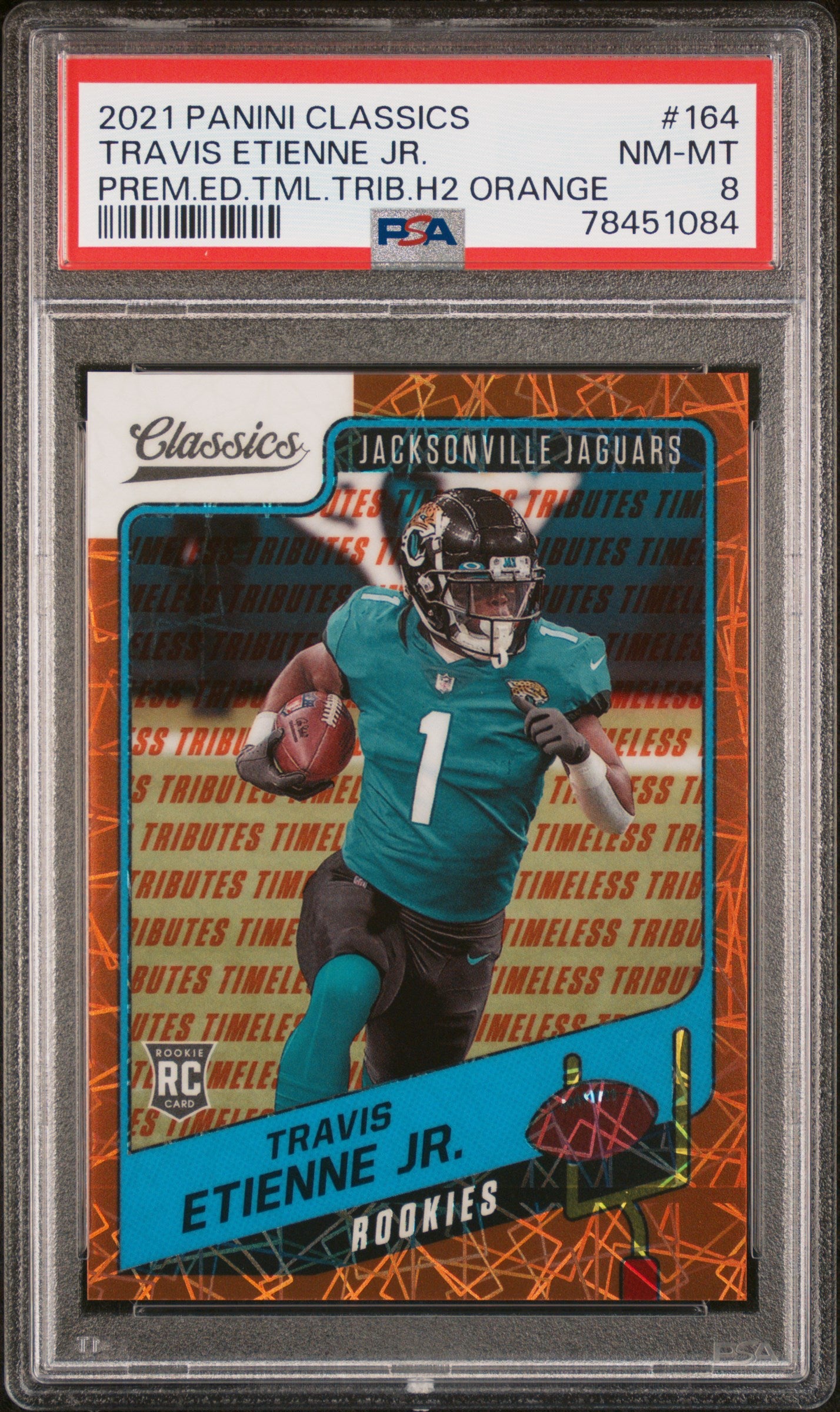 2021 Panini Classics Premium Edition Timeless Tributes H2 Orange Travis Etienne Jr. #164 /10 PSA 8
