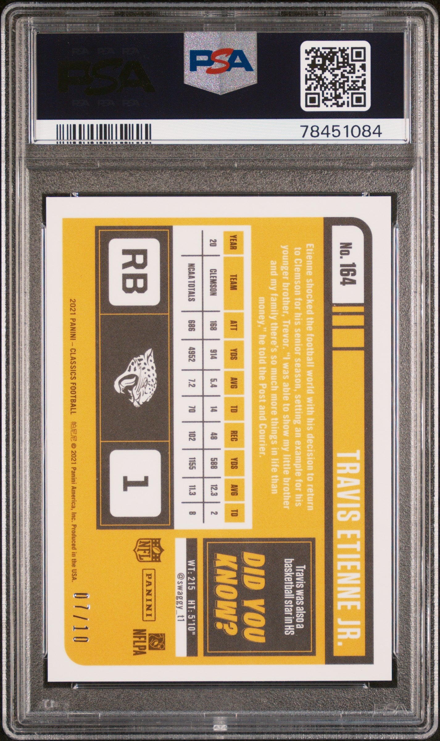 2021 Panini Classics Premium Edition Timeless Tributes H2 Orange Travis Etienne Jr. #164 /10 PSA 8