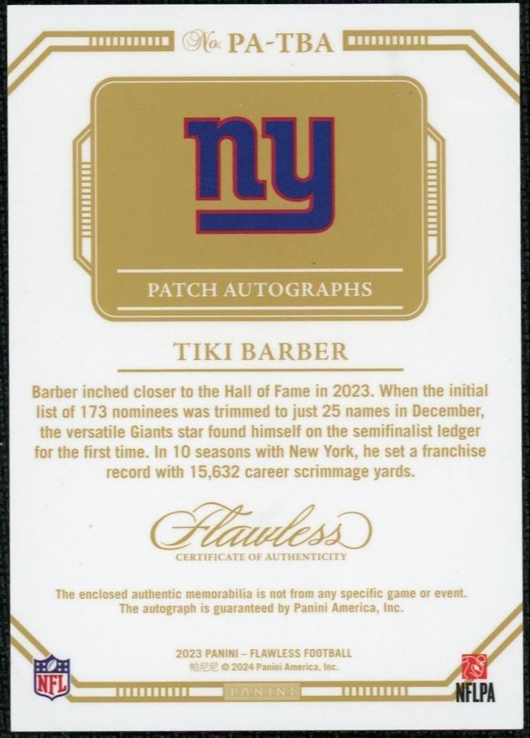 2023 Flawless Tiki Barber Silver Patch Auto /20
