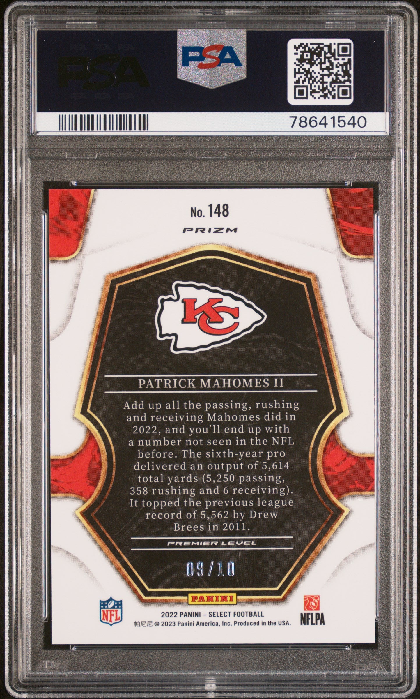 2022 Panini Select Gold Prizm Patrick Mahomes II #148 Premier Level /10 PSA 10