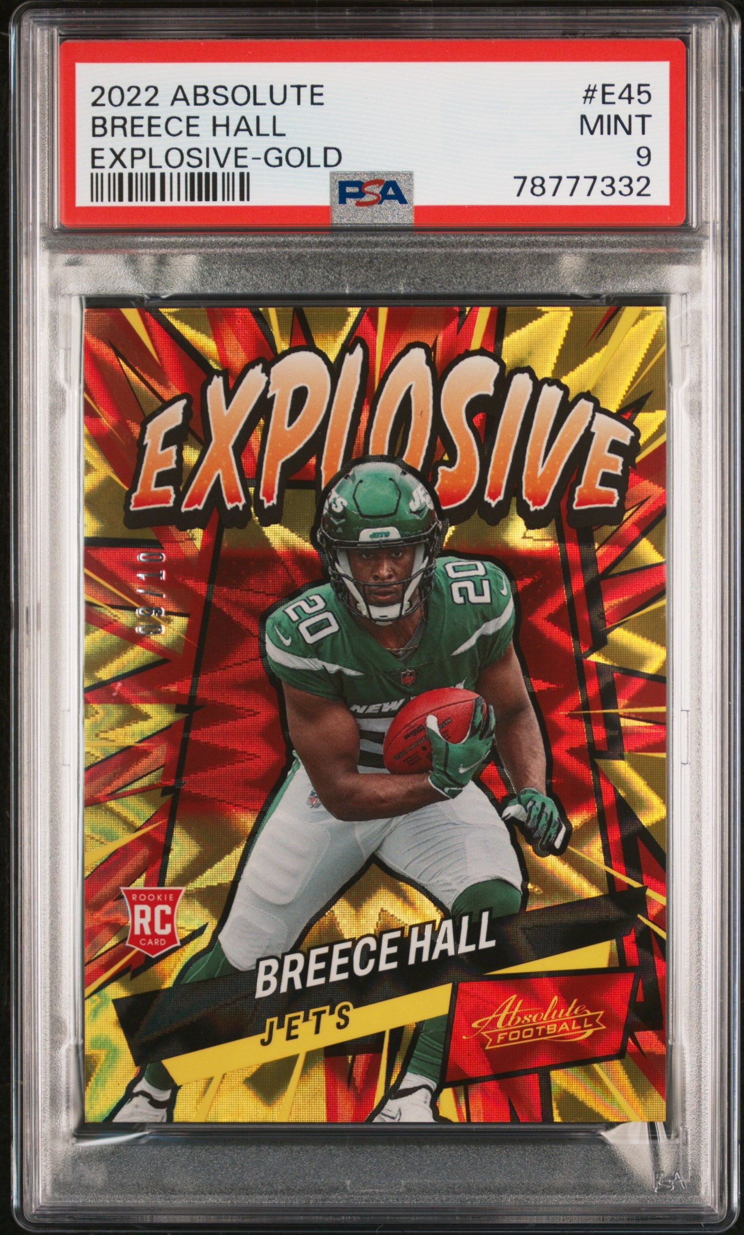 2022 Panini Absolute Explosive Gold Breece Hall #E45 RC /10 PSA 9