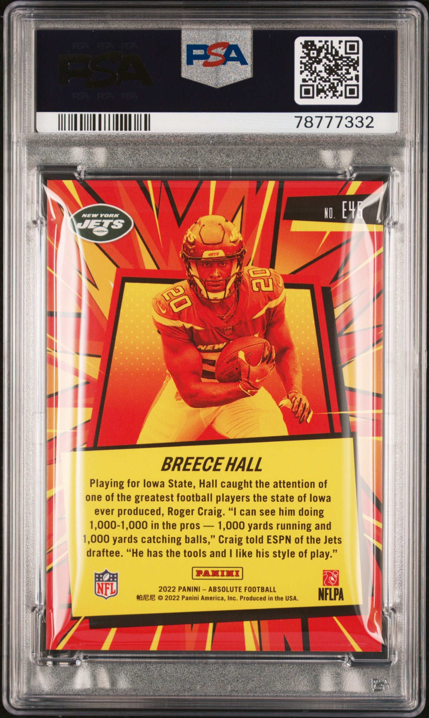 2022 Panini Absolute Explosive Gold Breece Hall #E45 RC /10 PSA 9