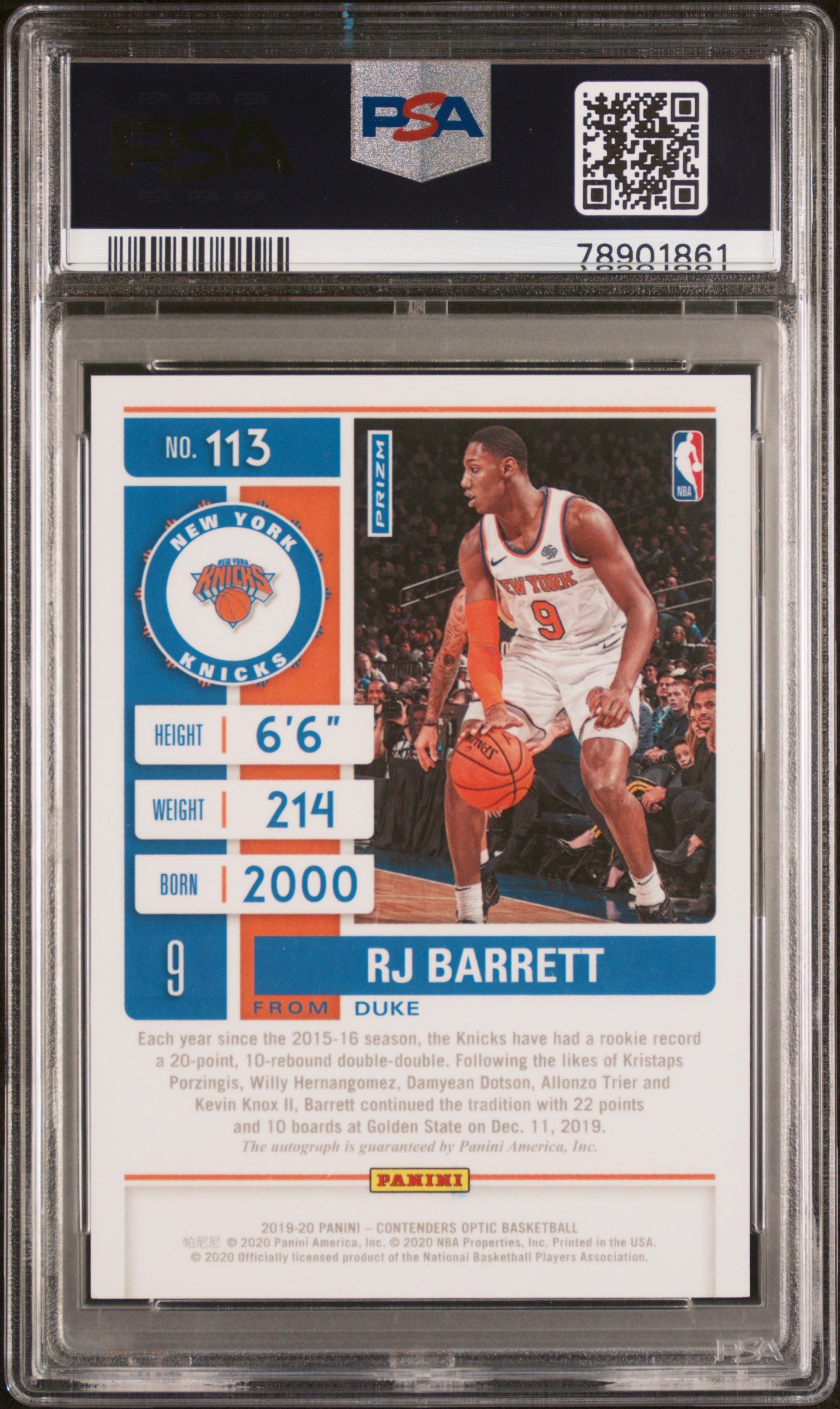 2019 Contenders Optic #113 RJ Barrett Rookie Ticket PSA 10