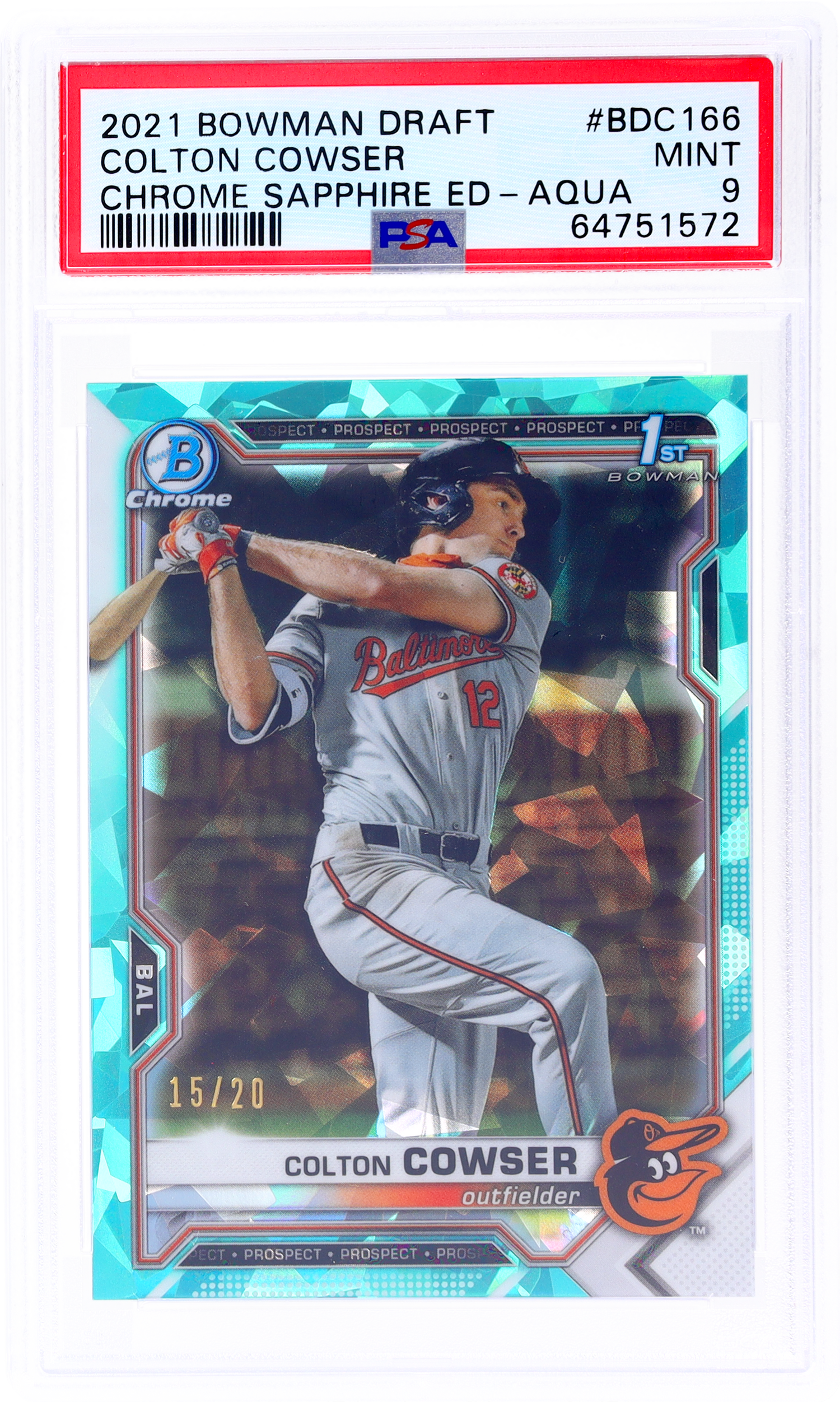 2021 Bowman Draft Sapphire Chrome Aqua Refractor Colton Cowser /20 PSA 9