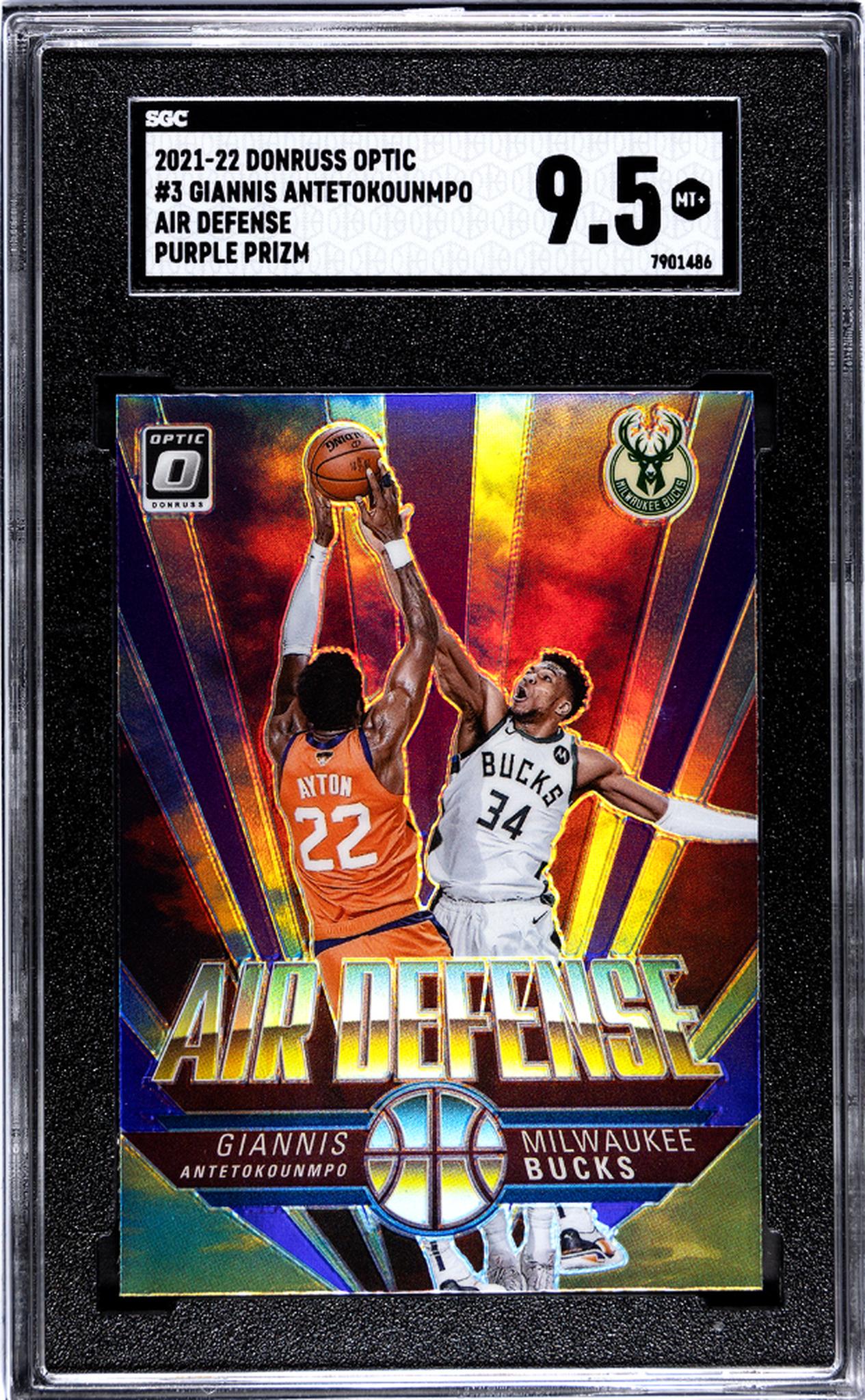 2021-22 Donruss Optic #3 Giannis Antetokounmpo Air Defense Purple Prizm SGC 9.5