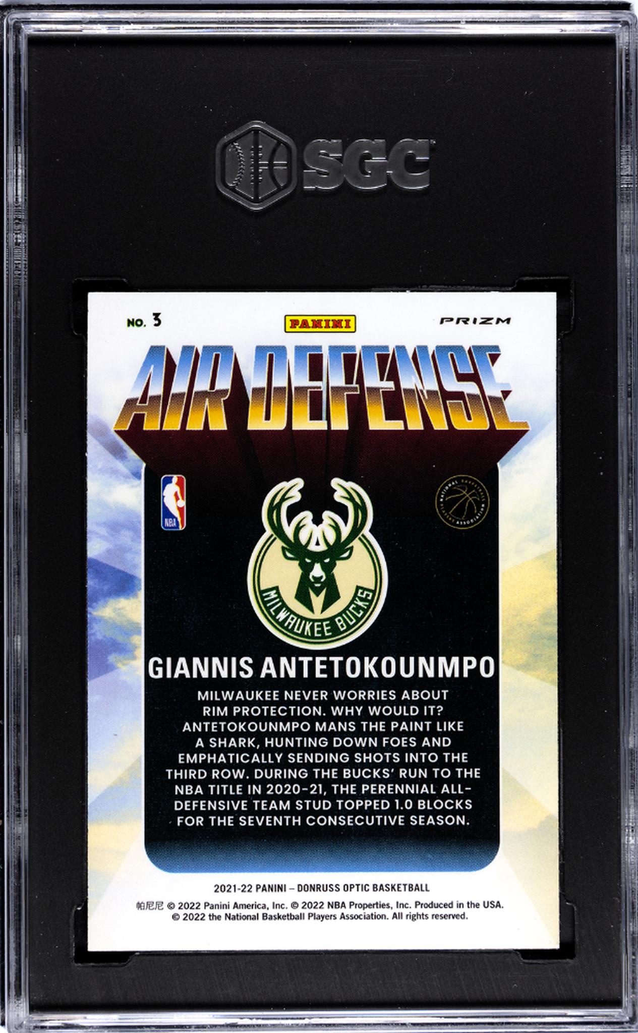 2021-22 Donruss Optic #3 Giannis Antetokounmpo Air Defense Purple Prizm SGC 9.5