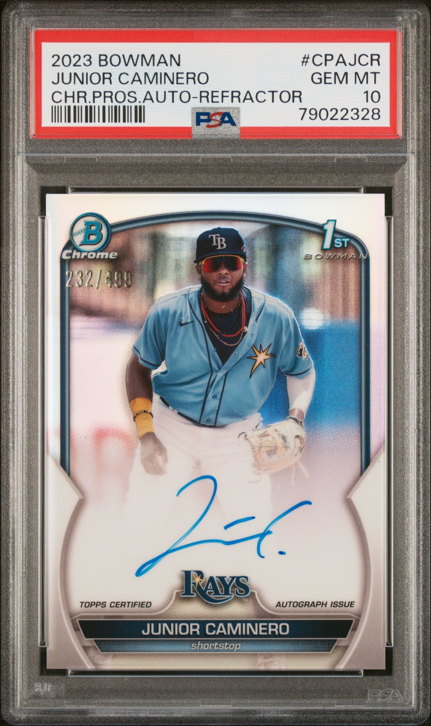 2023 Bowman Chrome Prospect Autograph Refractor Junior Caminero #CPAJCR /499 PSA 10