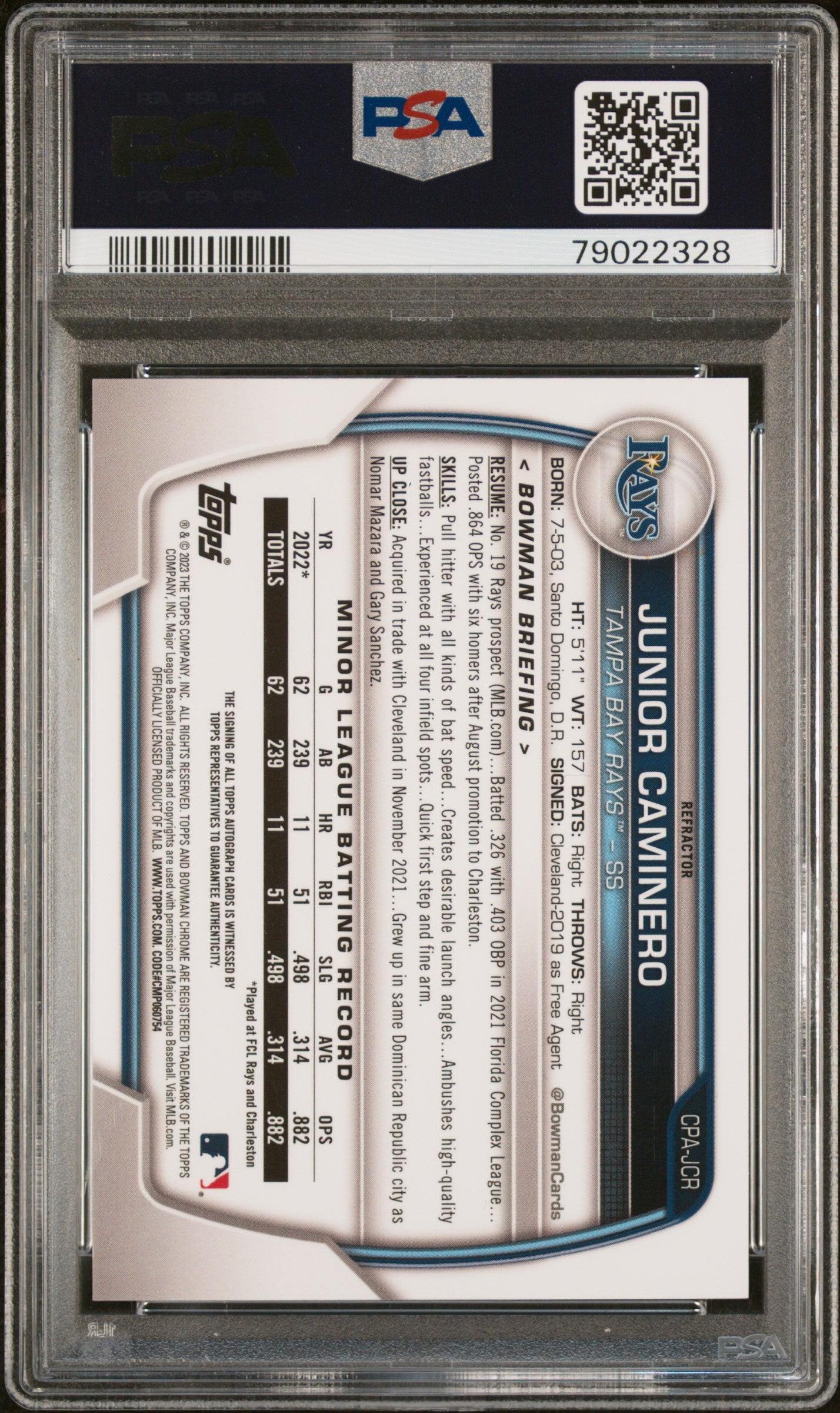 2023 Bowman Chrome Prospect Autograph Refractor Junior Caminero #CPAJCR /499 PSA 10