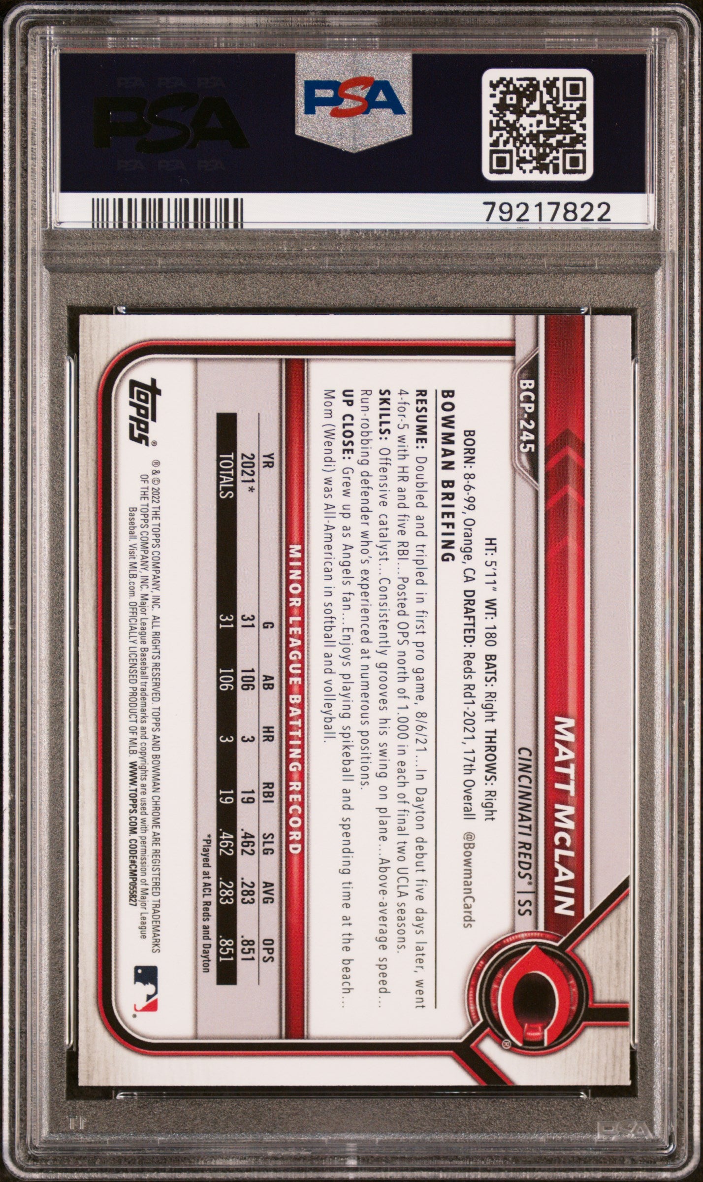2022 Bowman Chrome #BCP245 Matt McLain Prospects PSA 9