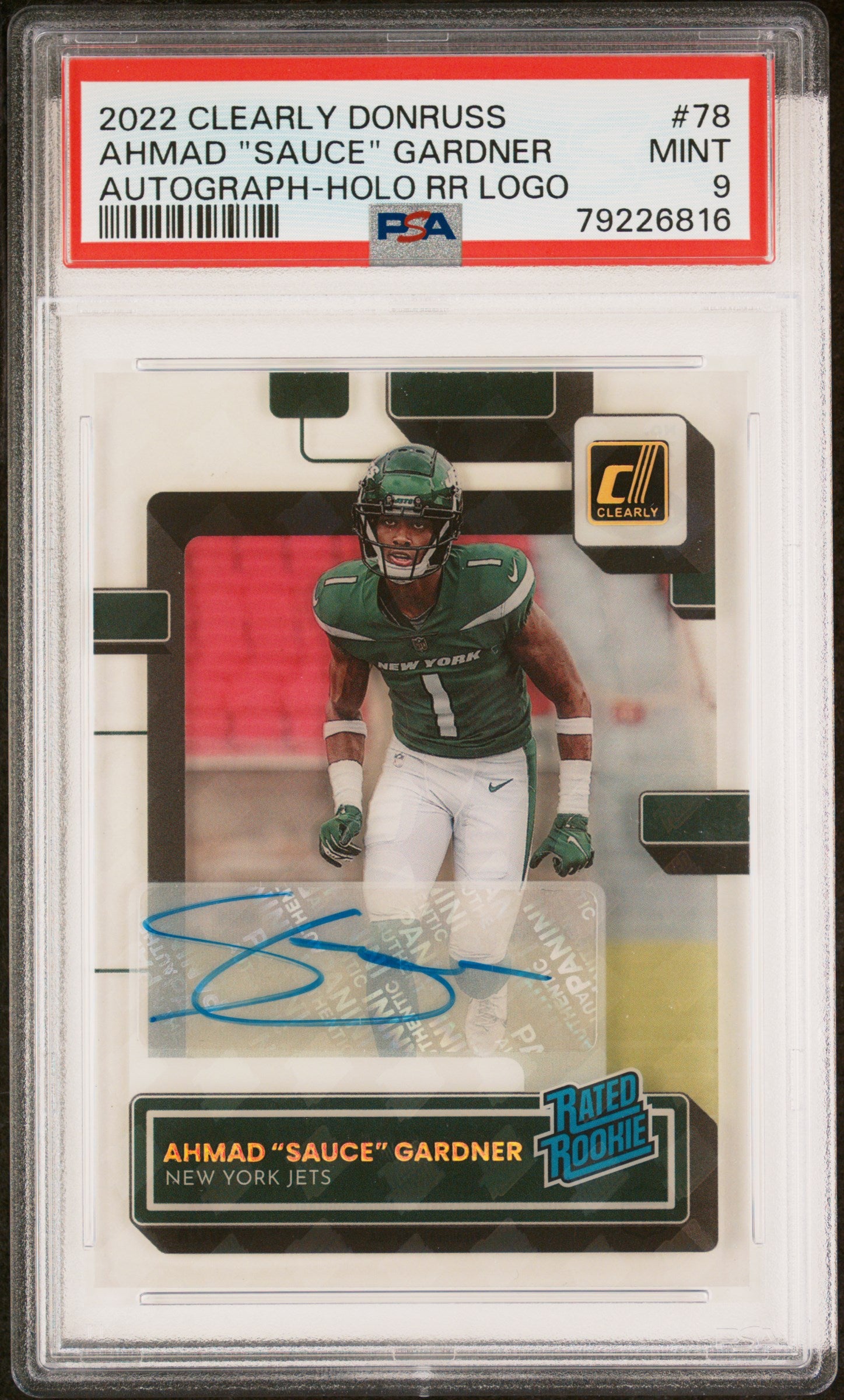 2022 Clearly Donruss Clearly Rated Rookie Autograph Holo Rr Logo Ahmad "Sauce" Gardner #78 PSA 9