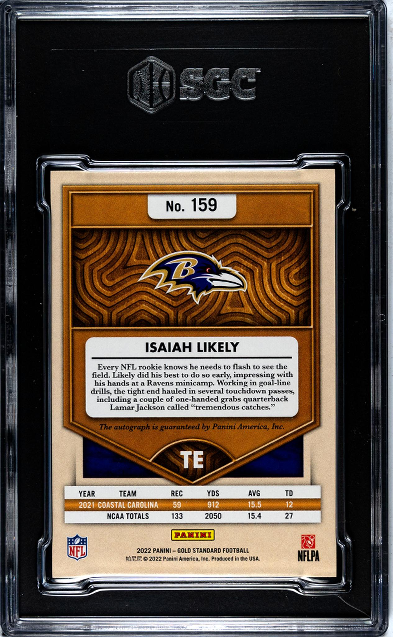 2022 Panini Gold Standard Isaiah Likely #159 RC Auto /199 SGC 9.5 Auto 10