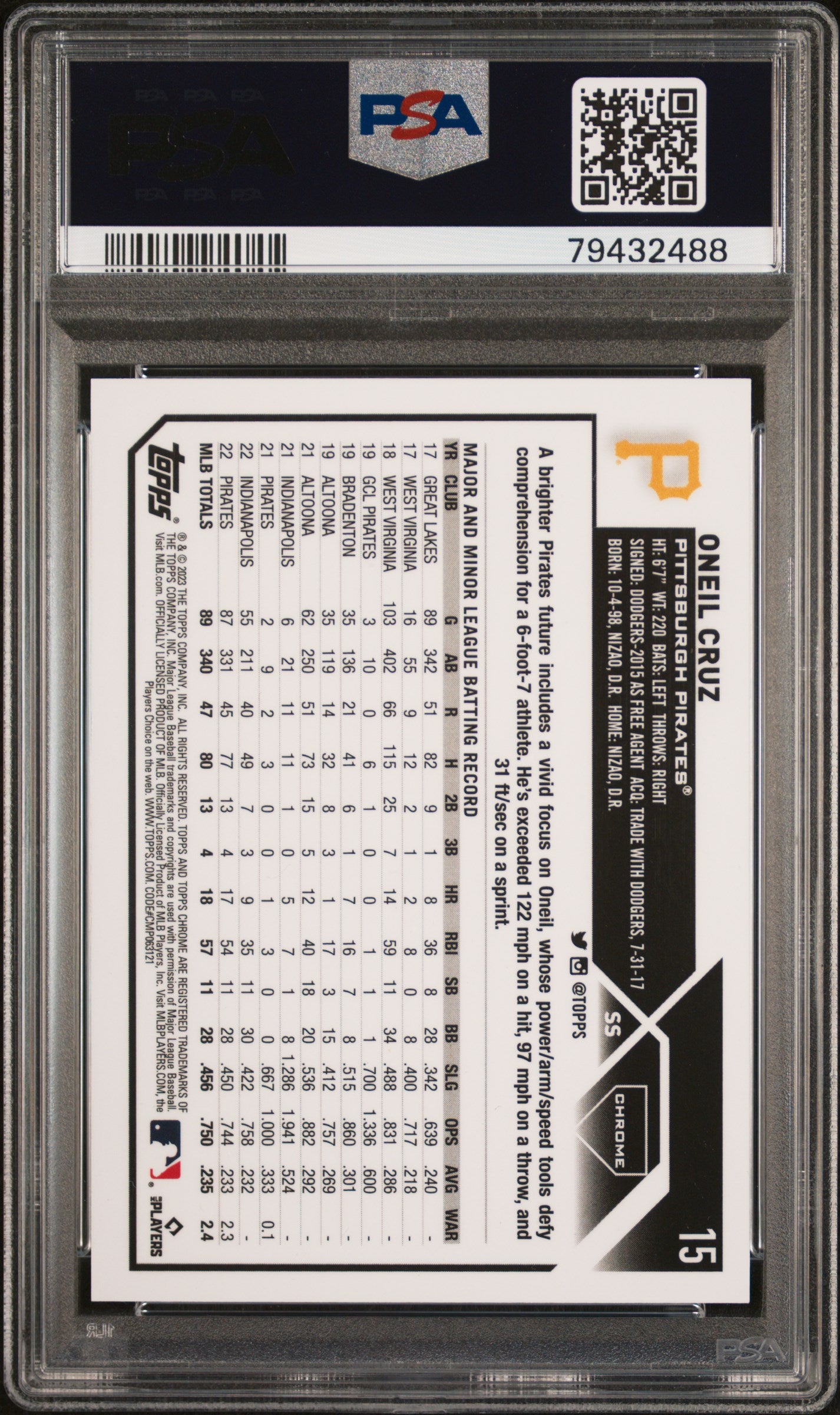 2023 Topps Chrome Green Refractor Oneil Cruz #15 /99 PSA 10