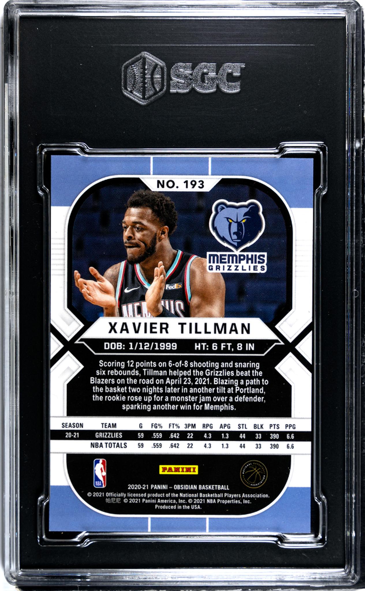 2020-21 Panini Obsidian #193 Xavier Tillman Electric Etch Asia SGC 9.5