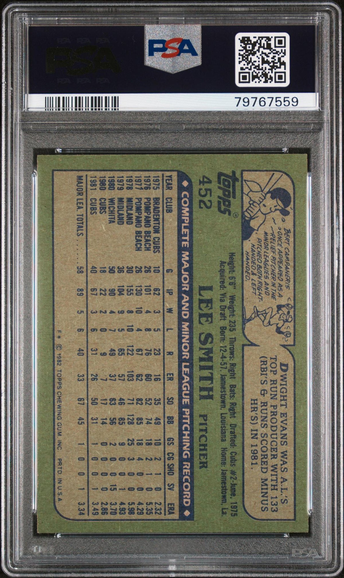 1982 Topps Lee Smith #452 PSA 7