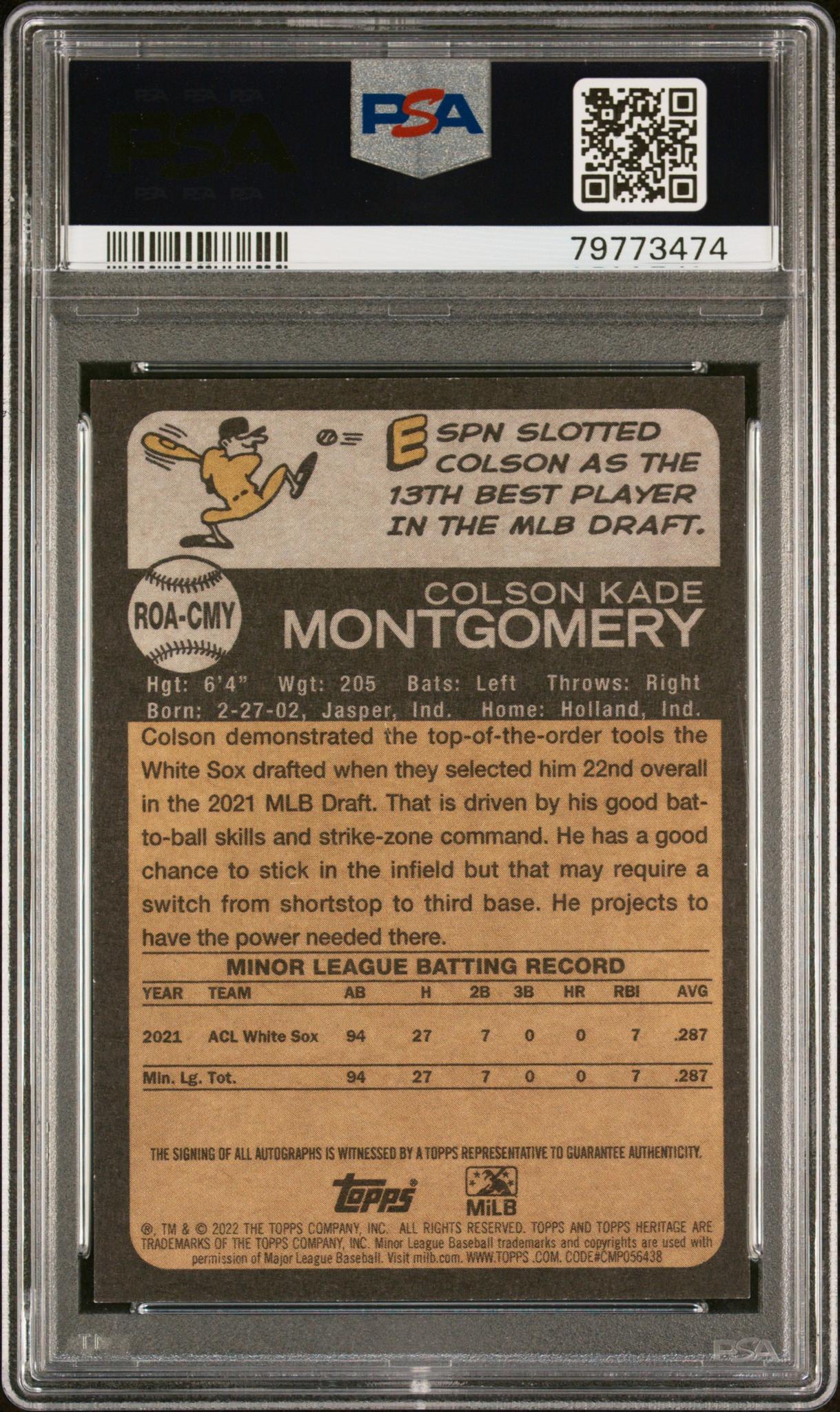 2022 Topps Heritage Minor League Real One Auto Colson Montgomery PSA 9