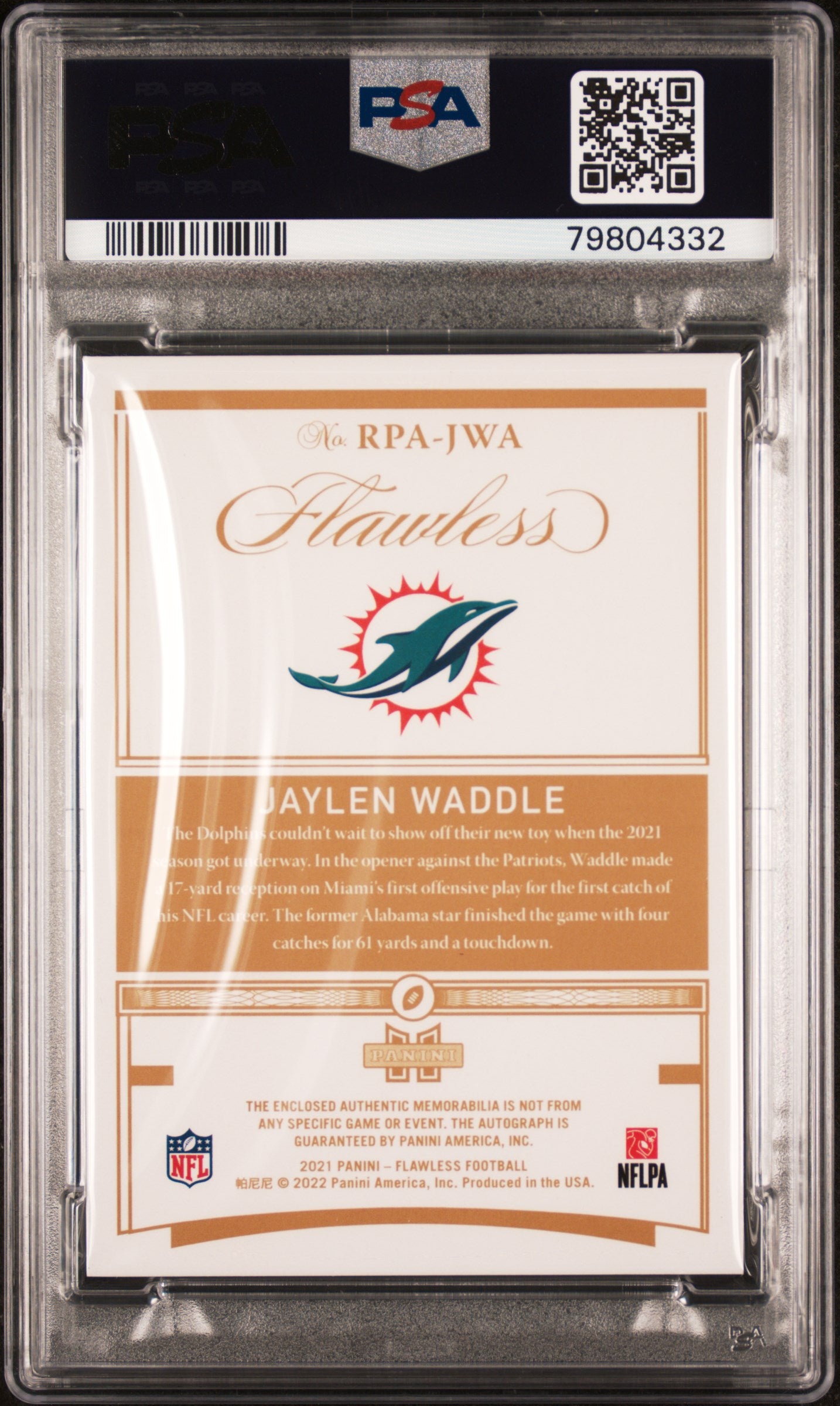 2021 Flawless #RPA-JWA Jaylen Waddle Rookie Patch Auto-Ruby /15 Auto PSA 9