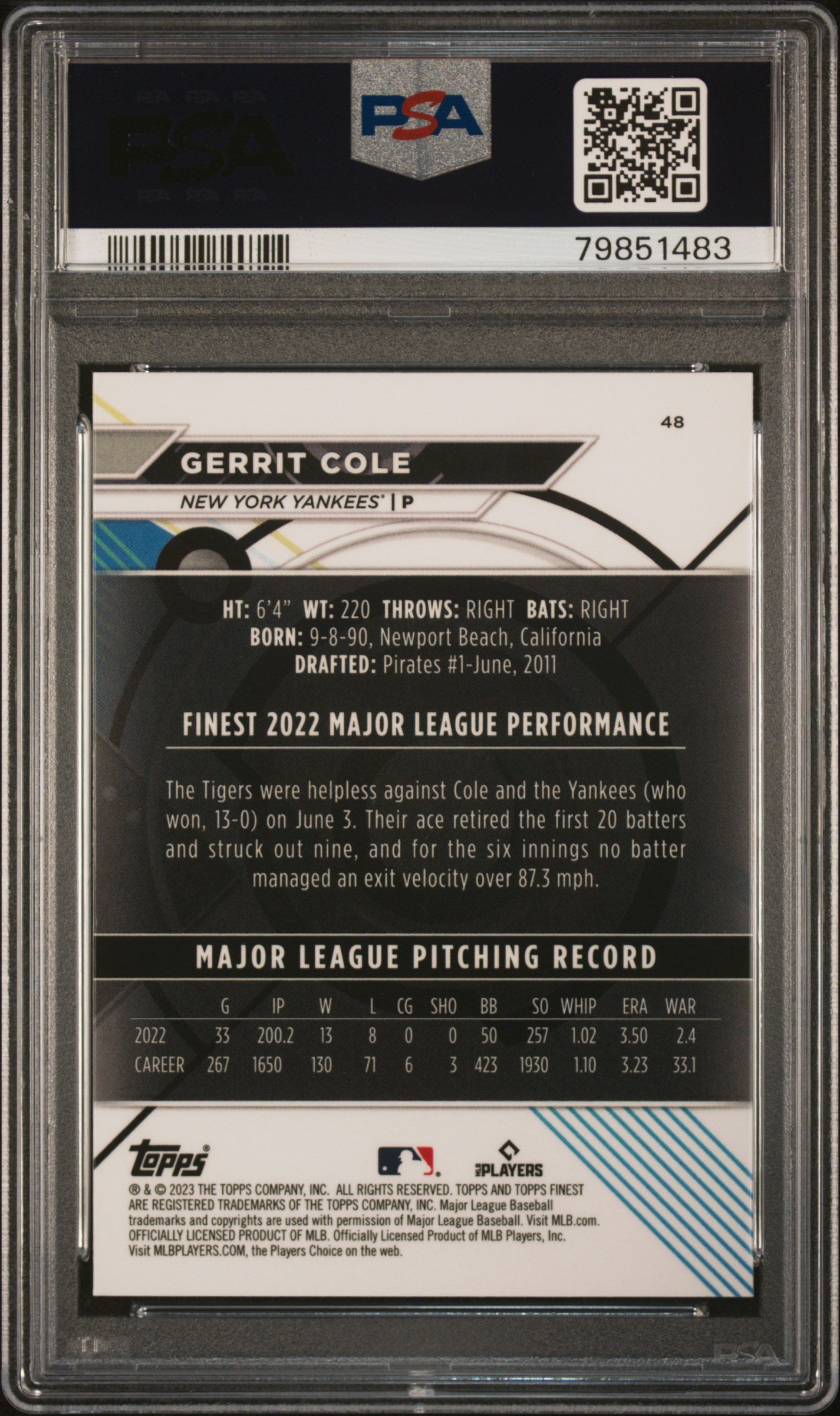 2023 Topps Finest Gerrit Cole #48 PSA 10