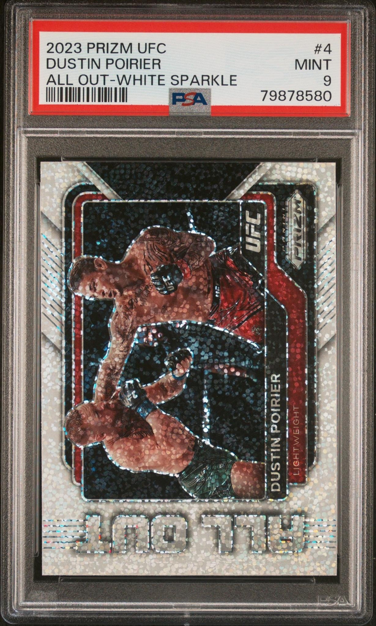 2023 Panini Prizm UFC All Out #4 Dustin Poirier White Sparkle PSA 9