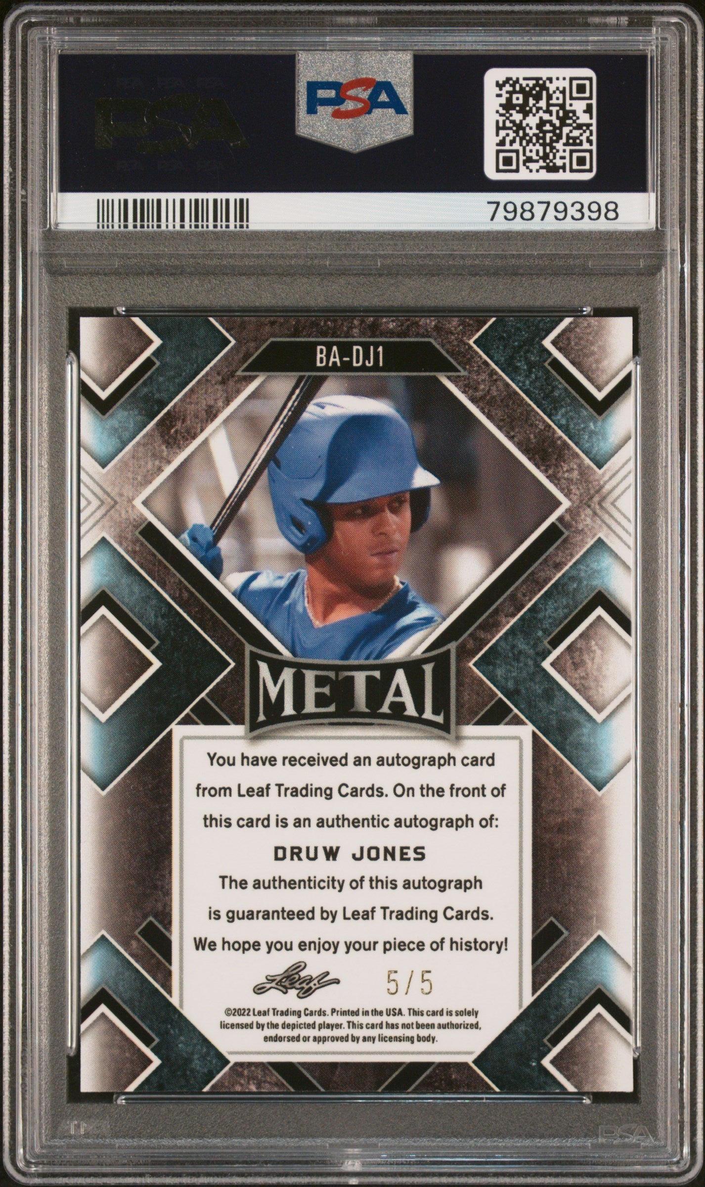2022 Leaf Metal Autographs Blue Mojo Druw Jones 5/5 Rookie RC PSA 9