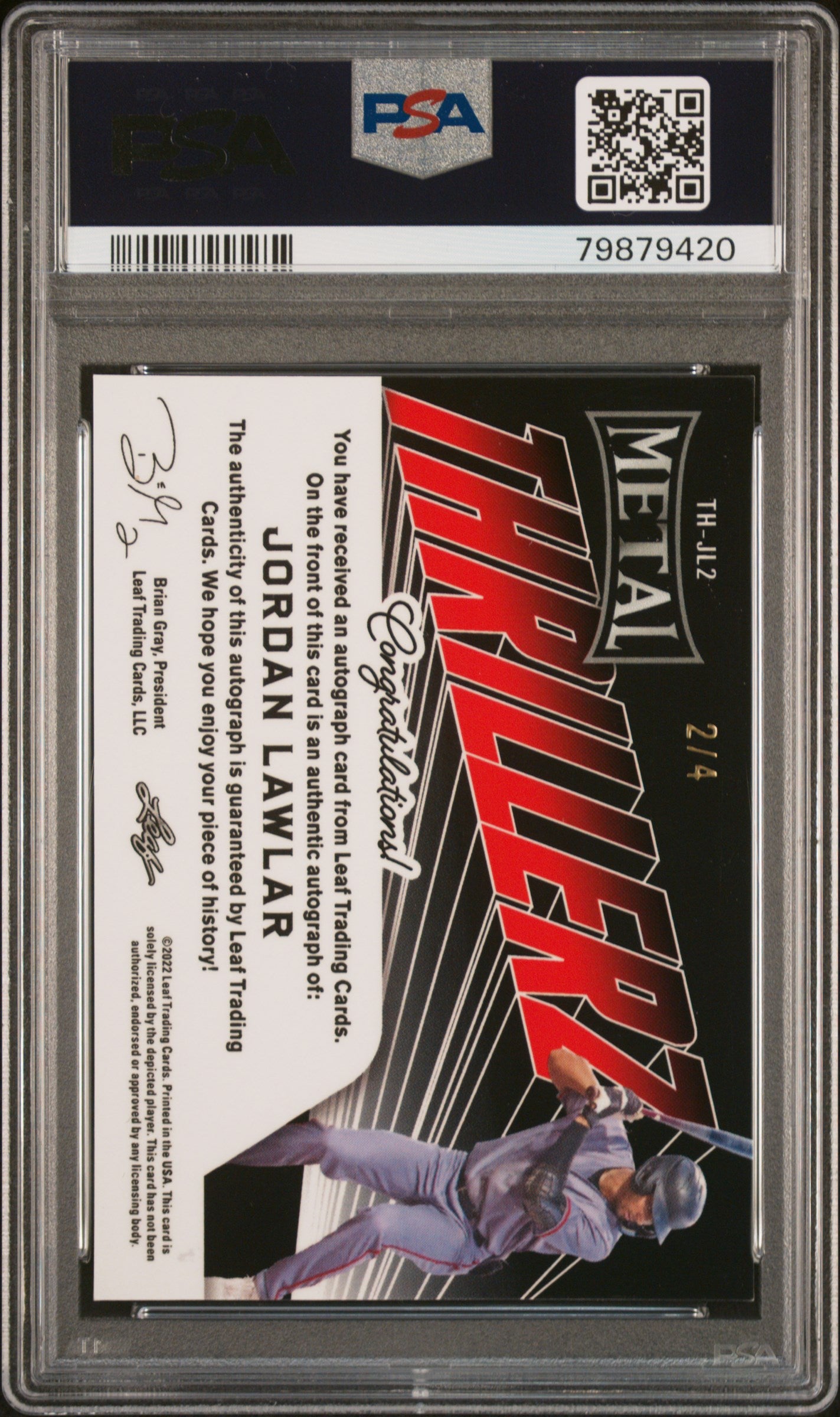 2022 Leaf Metal Thrillerz Autographs Blue Mojo Jordan Lawlar 2/4 PSA 9