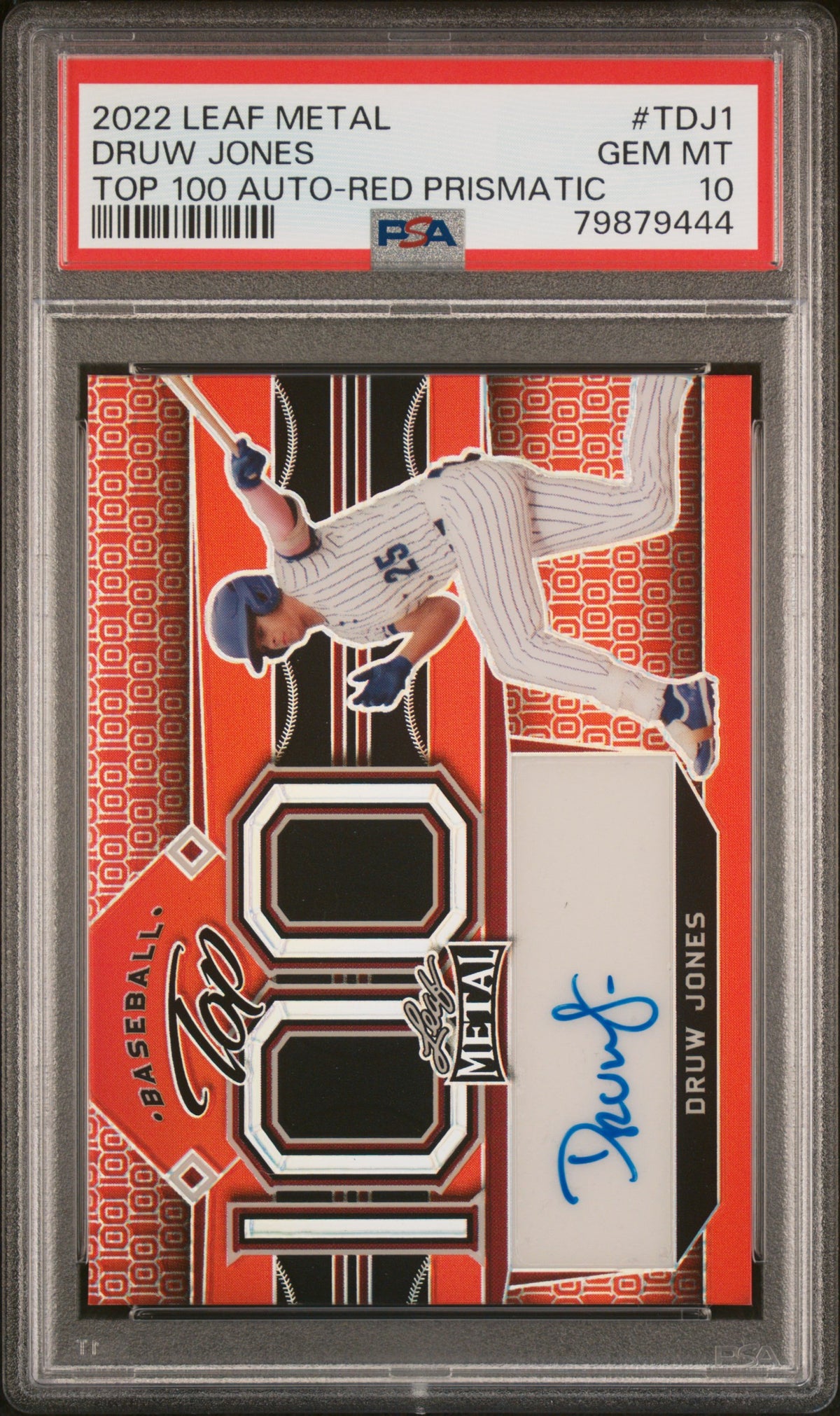2022 Leaf Metal Top 100 Autographs Red Prismatic Druw Jones #TDJ1 PSA 10