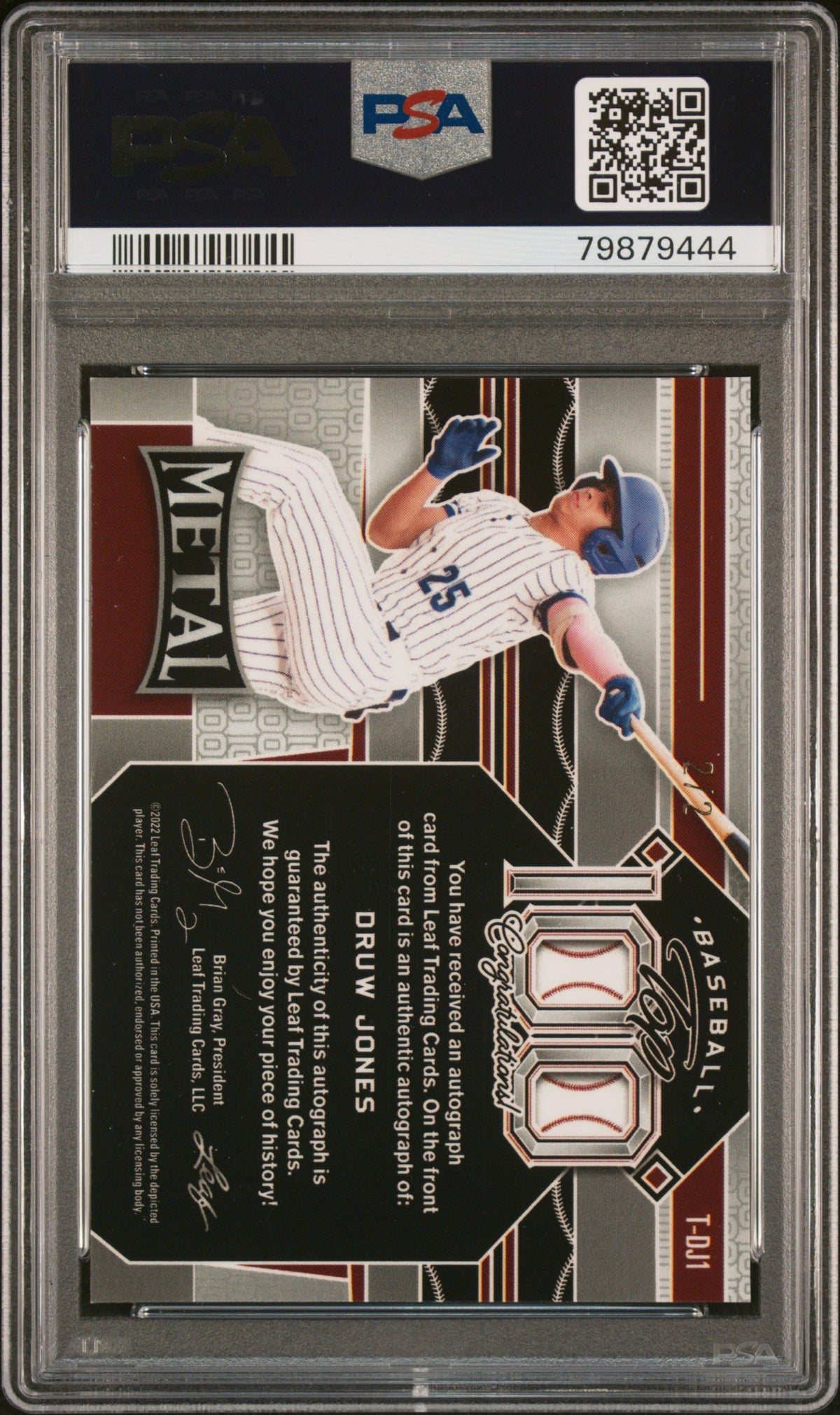 2022 Leaf Metal Top 100 Autographs Red Prismatic Druw Jones #TDJ1 PSA 10