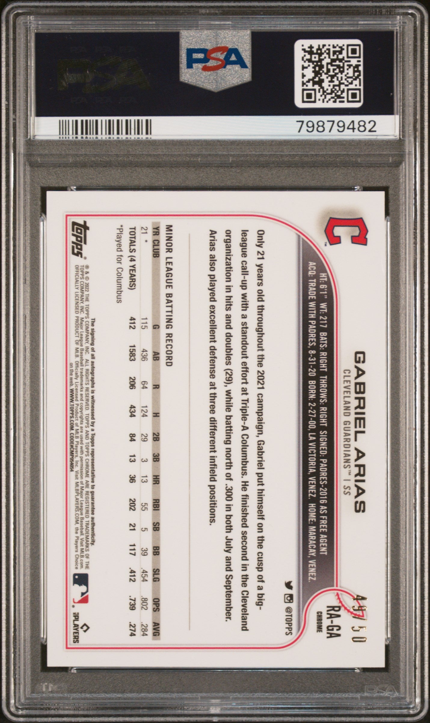 2022 Topps Chrome #RAGA Gabriel Arias /50 PSA 9