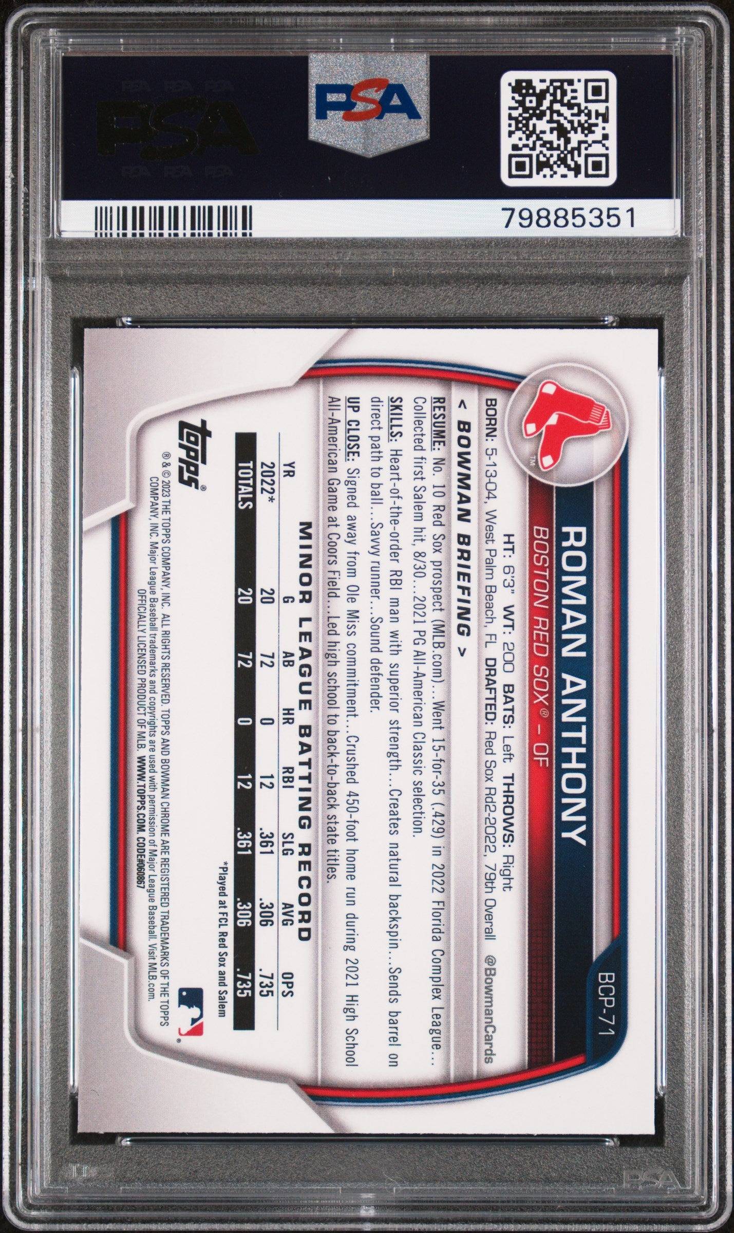 2023 Bowman Chrome Mojo Roman Anthony #BCP71 Refractor PSA 10